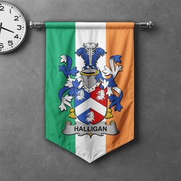 ScotsTee Shop Irish Halligan or O'Halligan Clan Coat of Arms Irish Tartan Gonfalon Flag