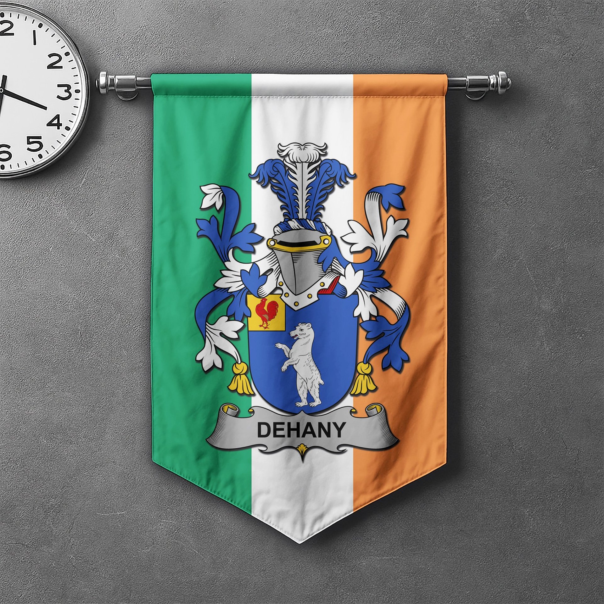 ScotsTee Shop Irish Dehany Clan Coat of Arms Irish Tartan Gonfalon Flag
