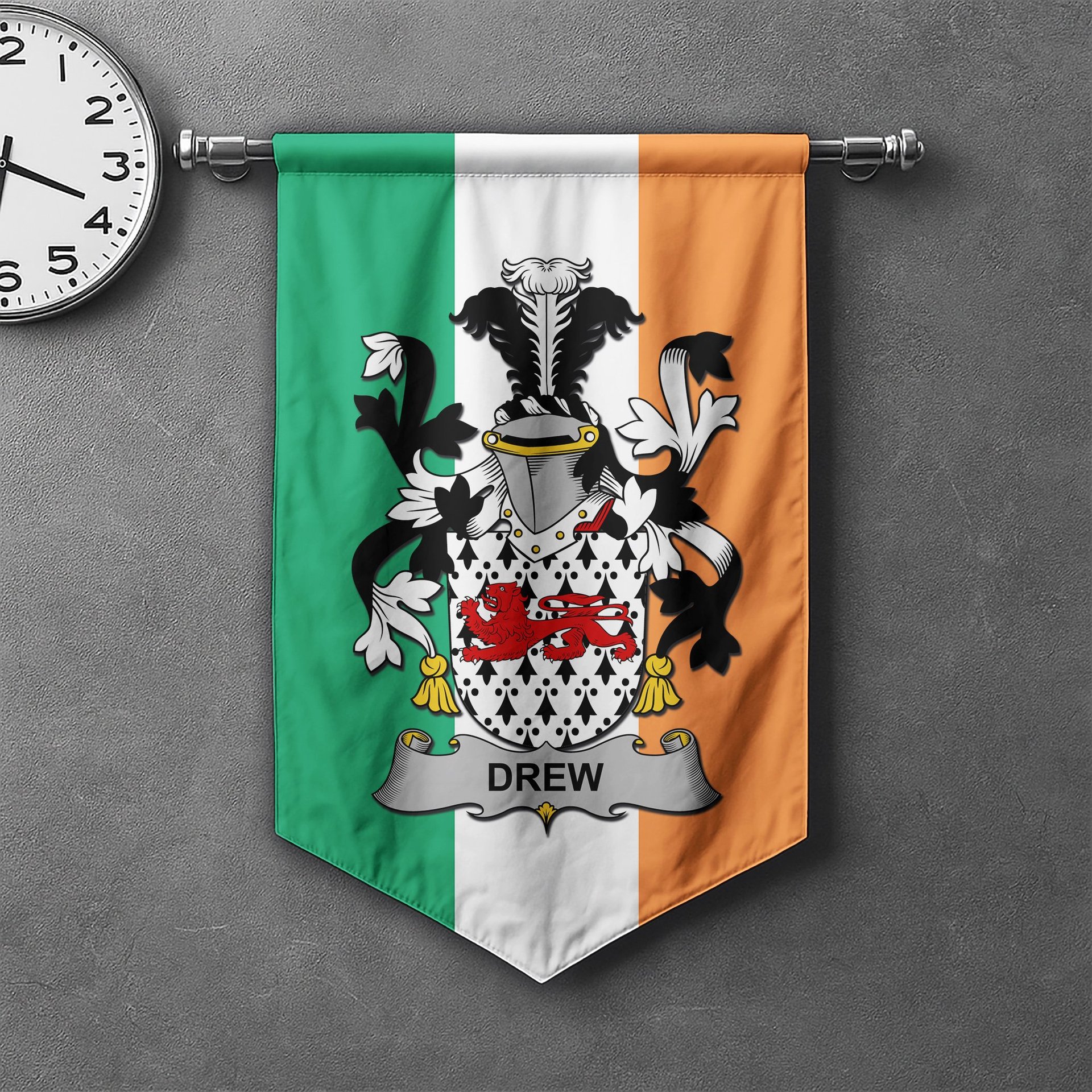 ScotsTee Shop Irish Drew Clan Coat of Arms Irish Tartan Gonfalon Flag