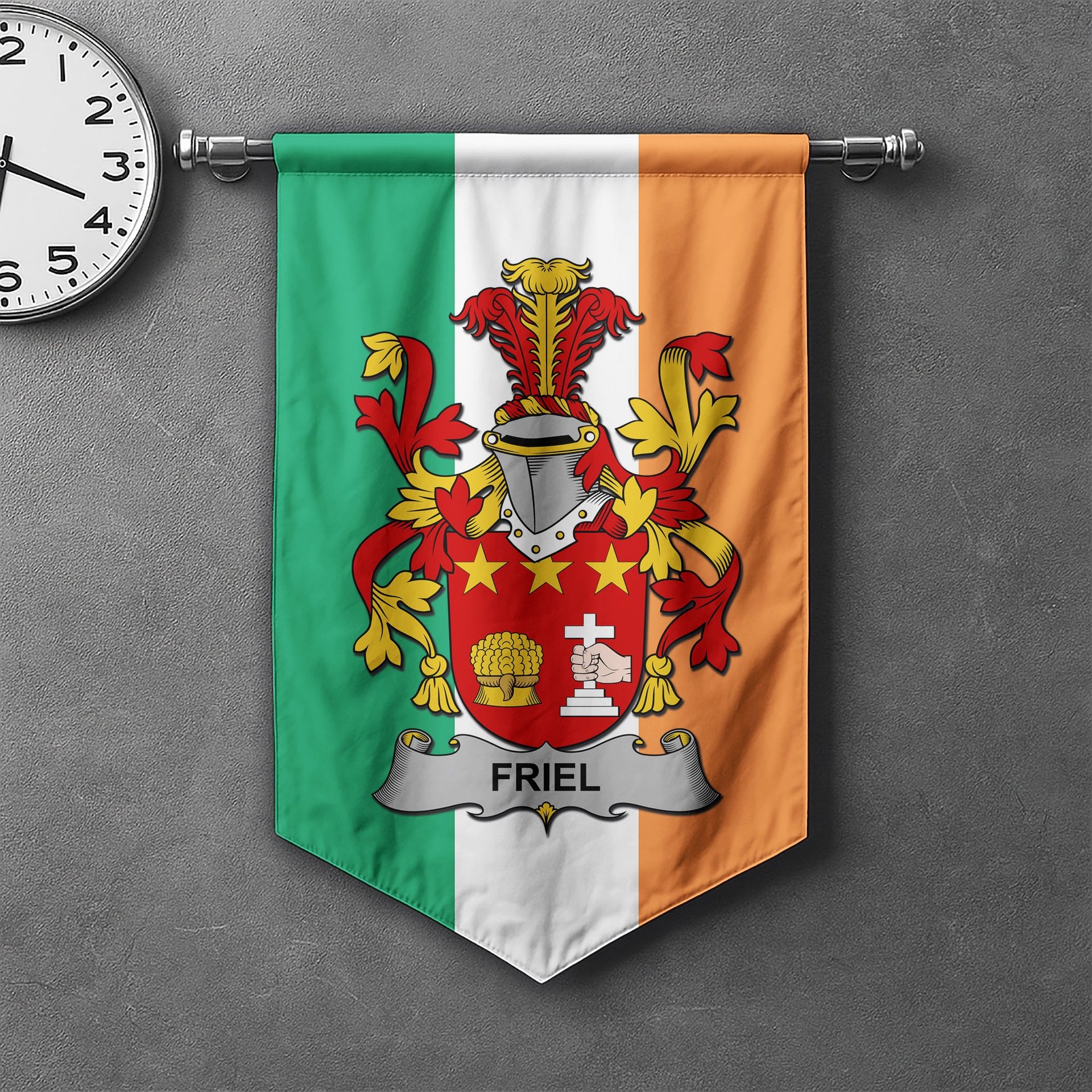 ScotsTee Shop Irish Friel or O'Friel Clan Coat of Arms Irish Tartan Gonfalon Flag