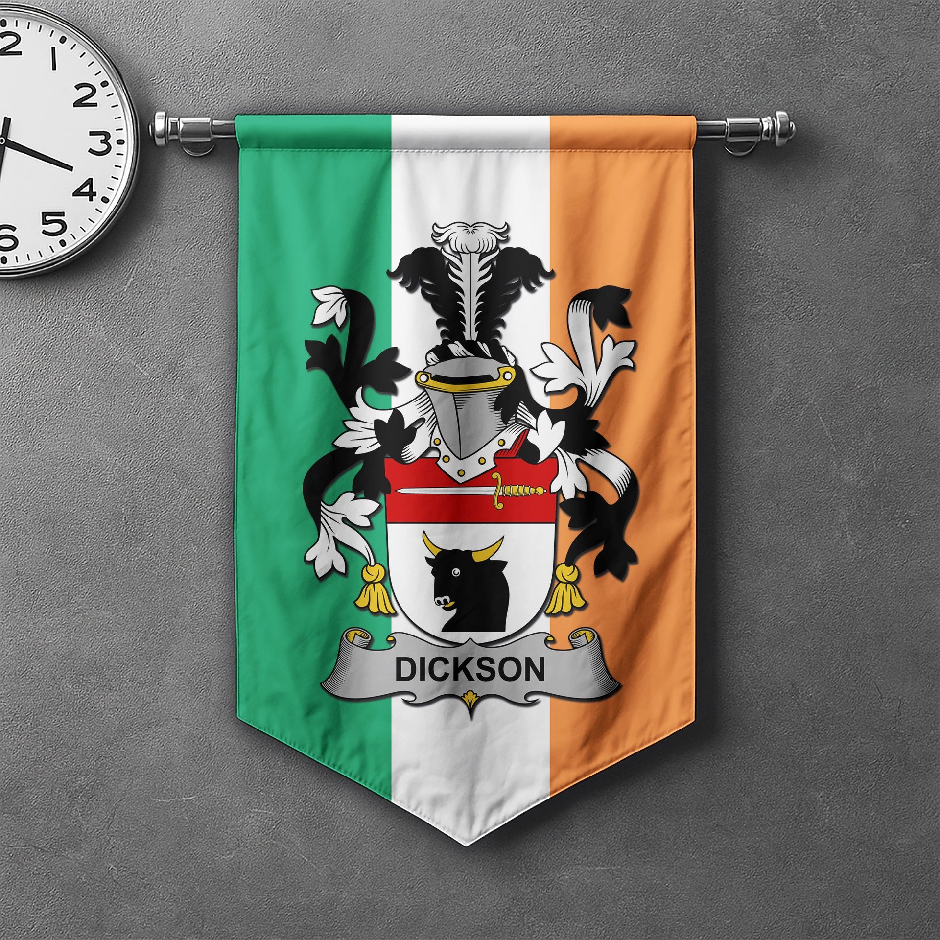 ScotsTee Shop Irish Dickson Clan Coat of Arms Irish Tartan Gonfalon Flag