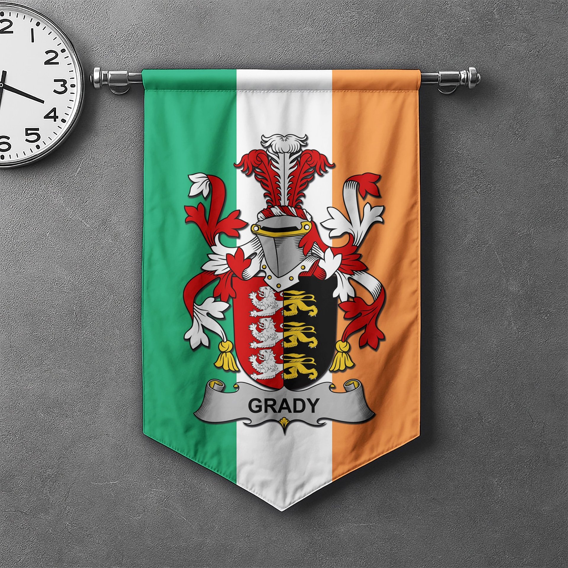 ScotsTee Shop Irish Grady or O'Grady Clan Coat of Arms Irish Tartan Gonfalon Flag