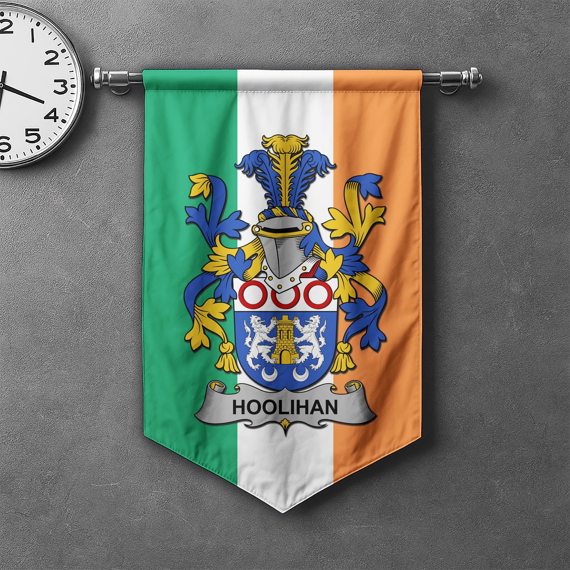 ScotsTee Shop Irish Hoolihan or O'Holohan Clan Coat of Arms Irish Tartan Gonfalon Flag