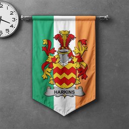 ScotsTee Shop Irish Harkins or O'Harkin Clan Coat of Arms Irish Tartan Gonfalon Flag