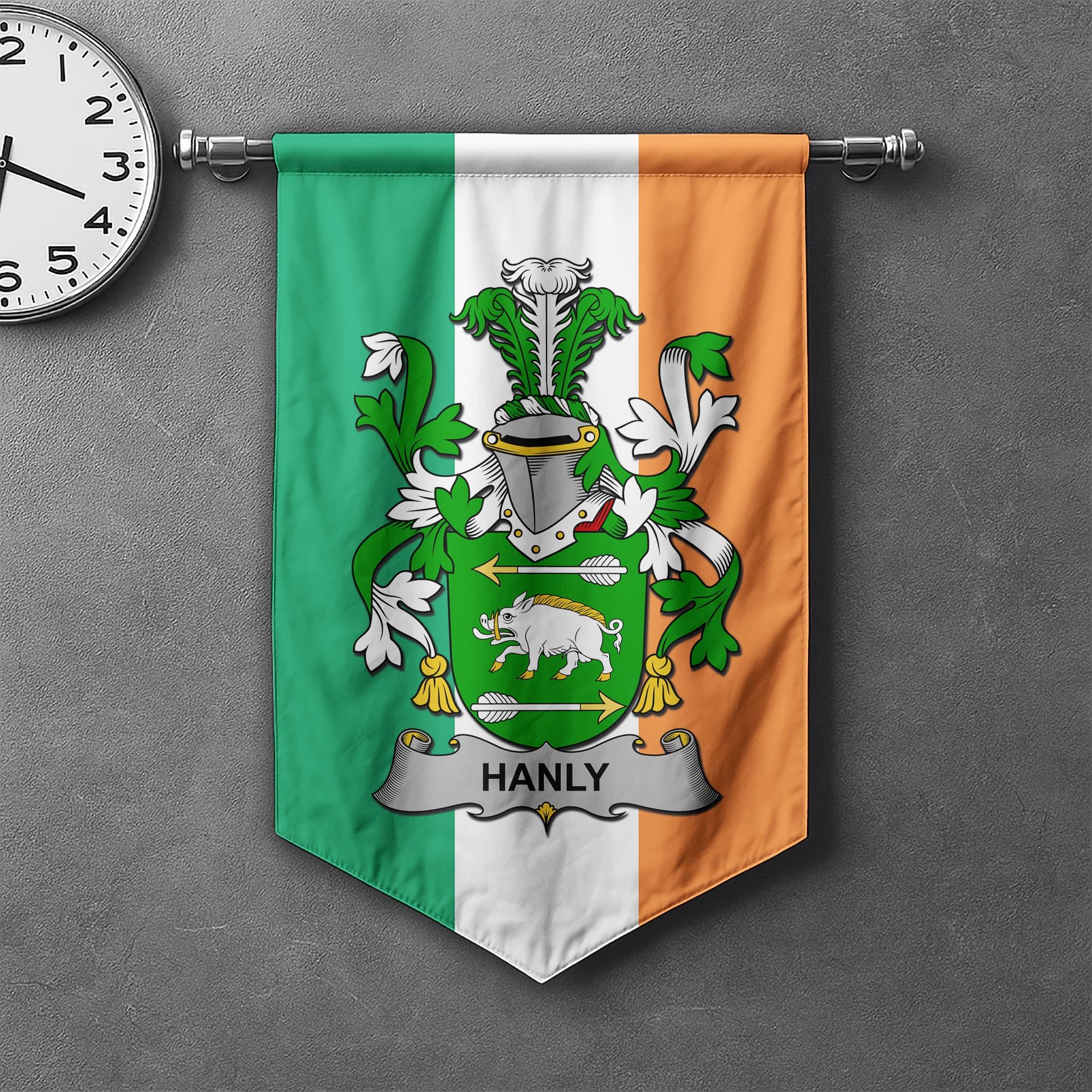 ScotsTee Shop Irish Hanly or O'Hanley Clan Coat of Arms Irish Tartan Gonfalon Flag
