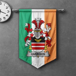 ScotsTee Shop Irish Harrison Clan Coat of Arms Irish Tartan Gonfalon Flag