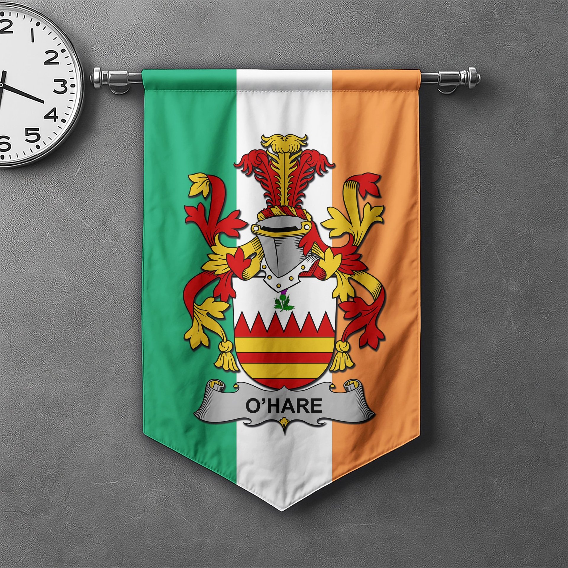 ScotsTee Shop Irish Hare or O'Hare Clan Coat of Arms Irish Tartan Gonfalon Flag