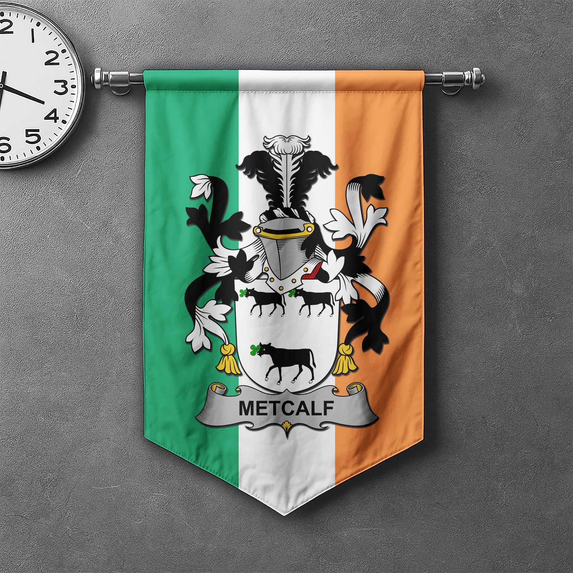 ScotsTee Shop Irish Metcalf or Metcalfe Clan Coat of Arms Irish Tartan Gonfalon Flag