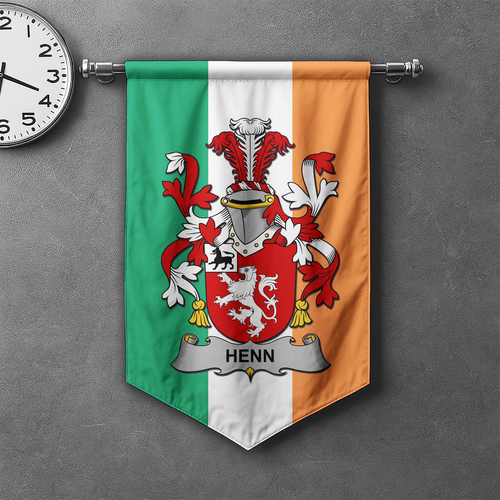 ScotsTee Shop Irish Henn Clan Coat of Arms Irish Tartan Gonfalon Flag