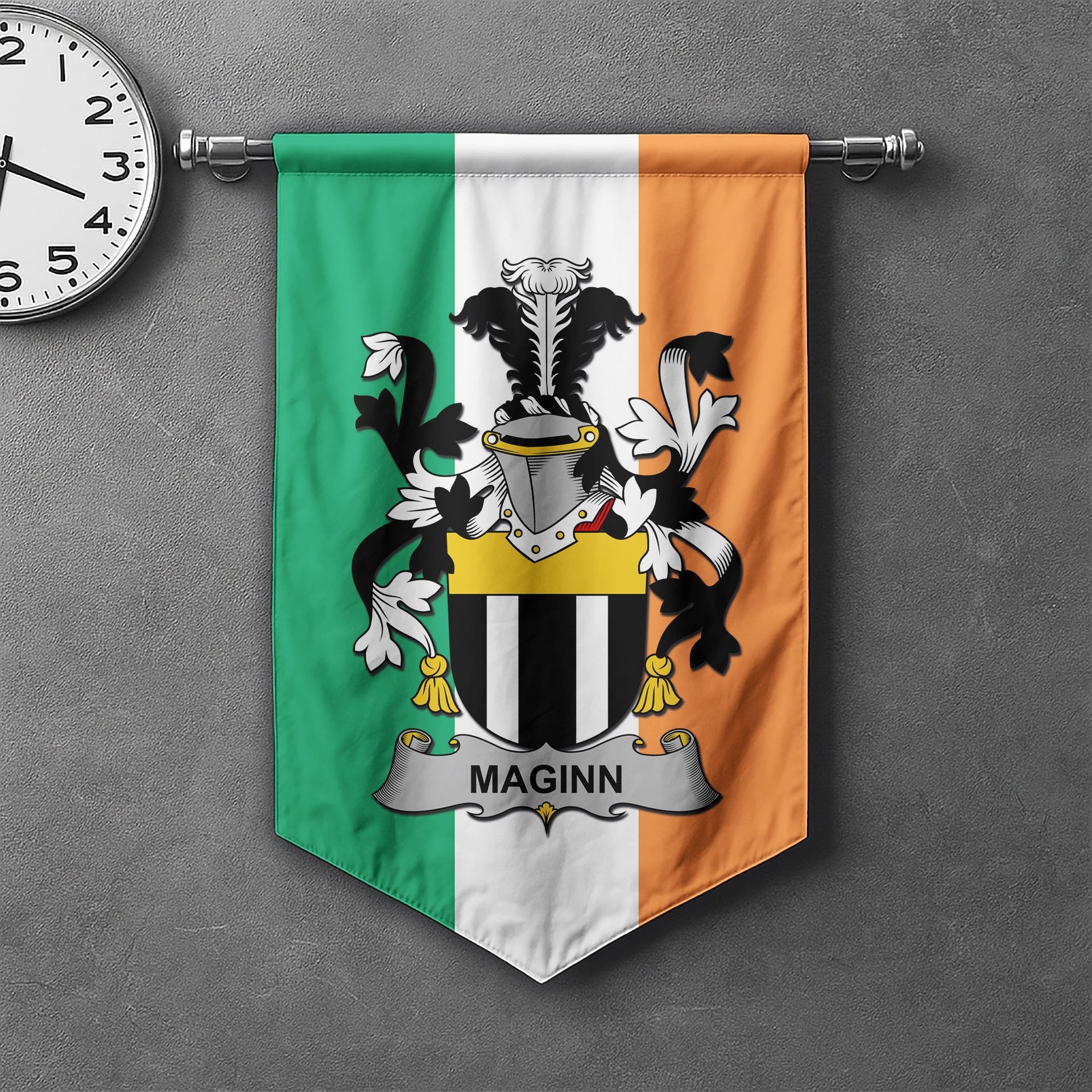 ScotsTee Shop Irish Maginn or Ginn Clan Coat of Arms Irish Tartan Gonfalon Flag