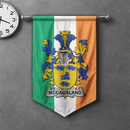 ScotsTee Shop Irish McCausland Clan Coat of Arms Irish Tartan Gonfalon Flag