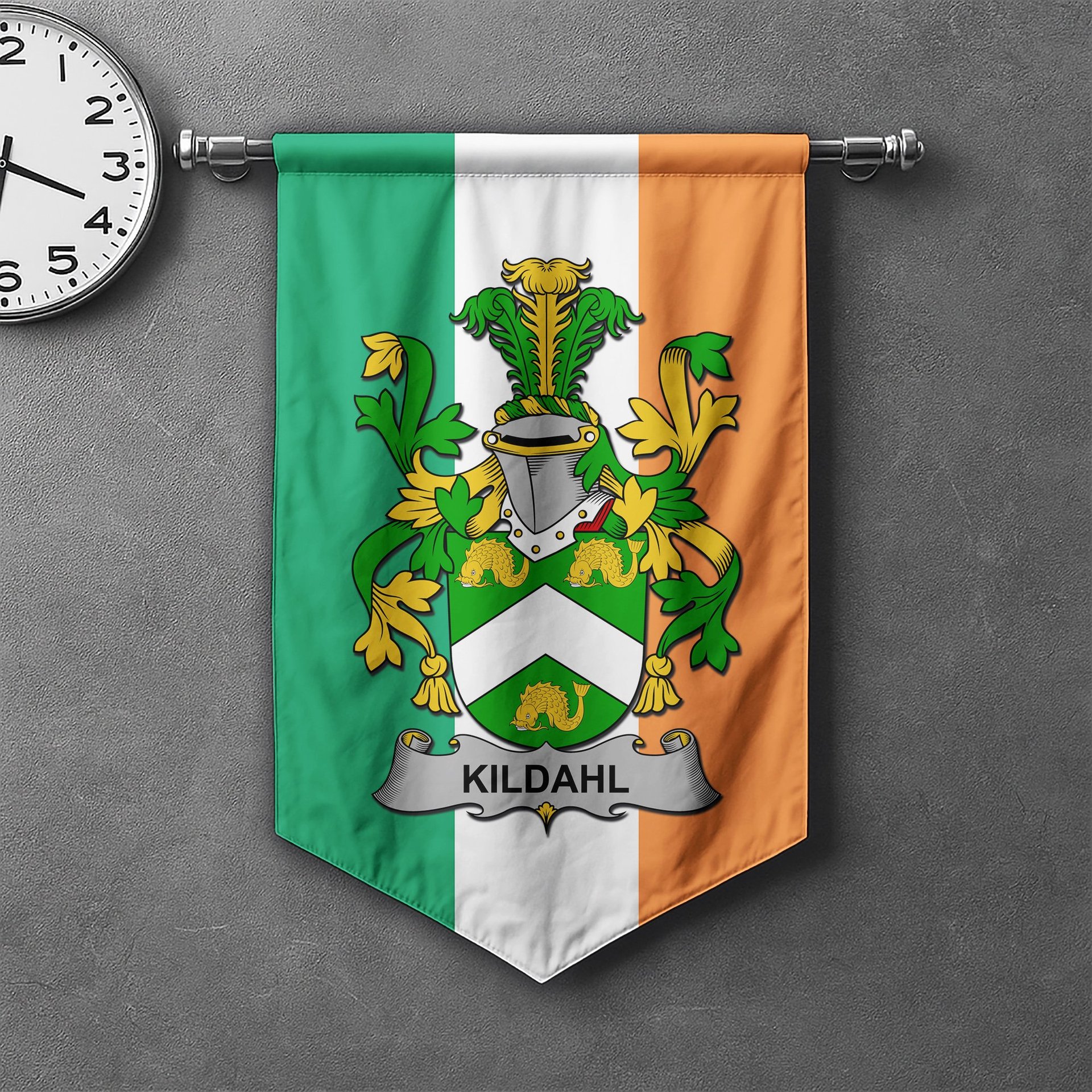 ScotsTee Shop Irish Kildahl Clan Coat of Arms Irish Tartan Gonfalon Flag
