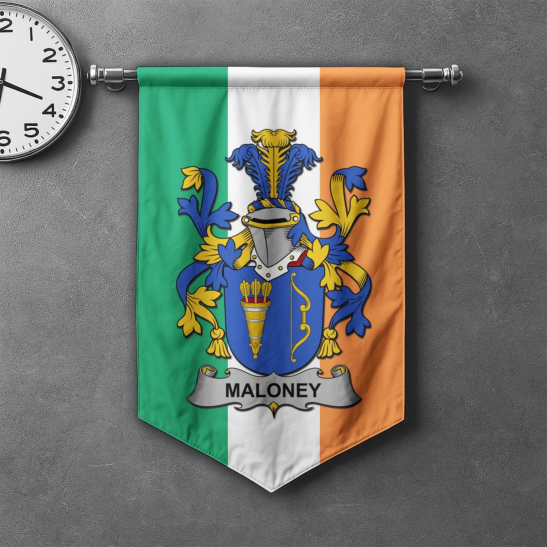 ScotsTee Shop Irish Maloney or O'Molony Clan Coat of Arms Irish Tartan Gonfalon Flag