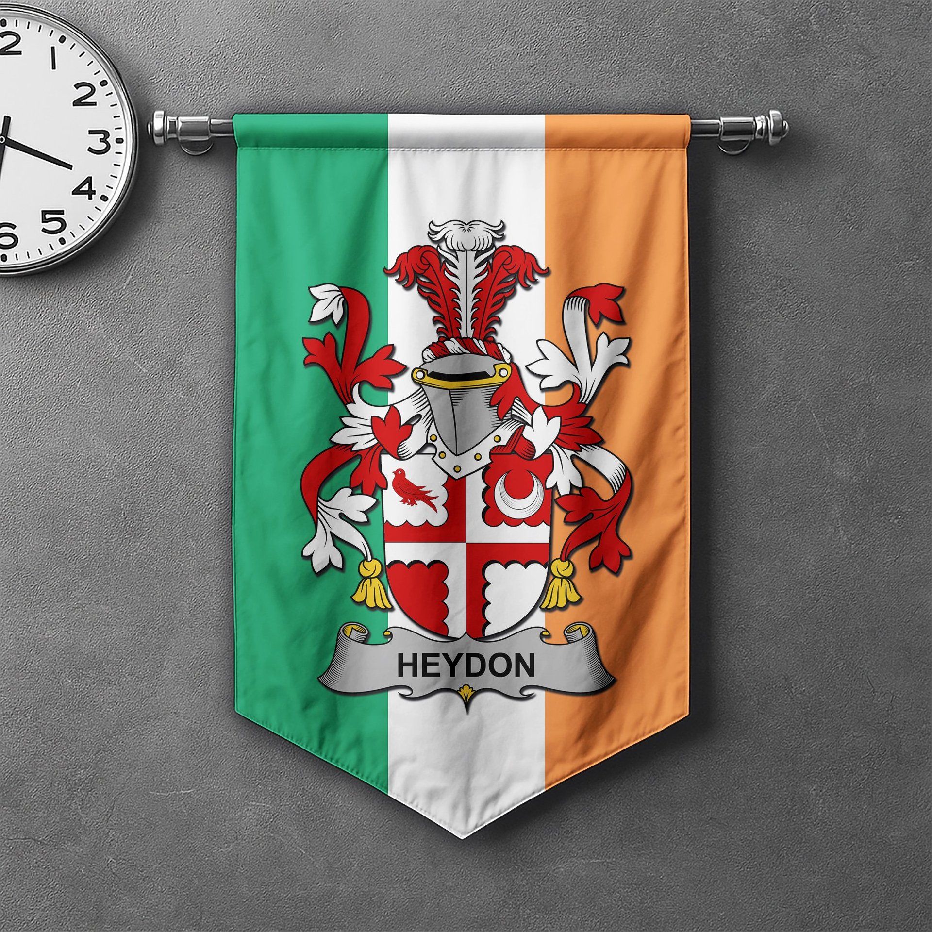 ScotsTee Shop Irish Heydon Clan Coat of Arms Irish Tartan Gonfalon Flag