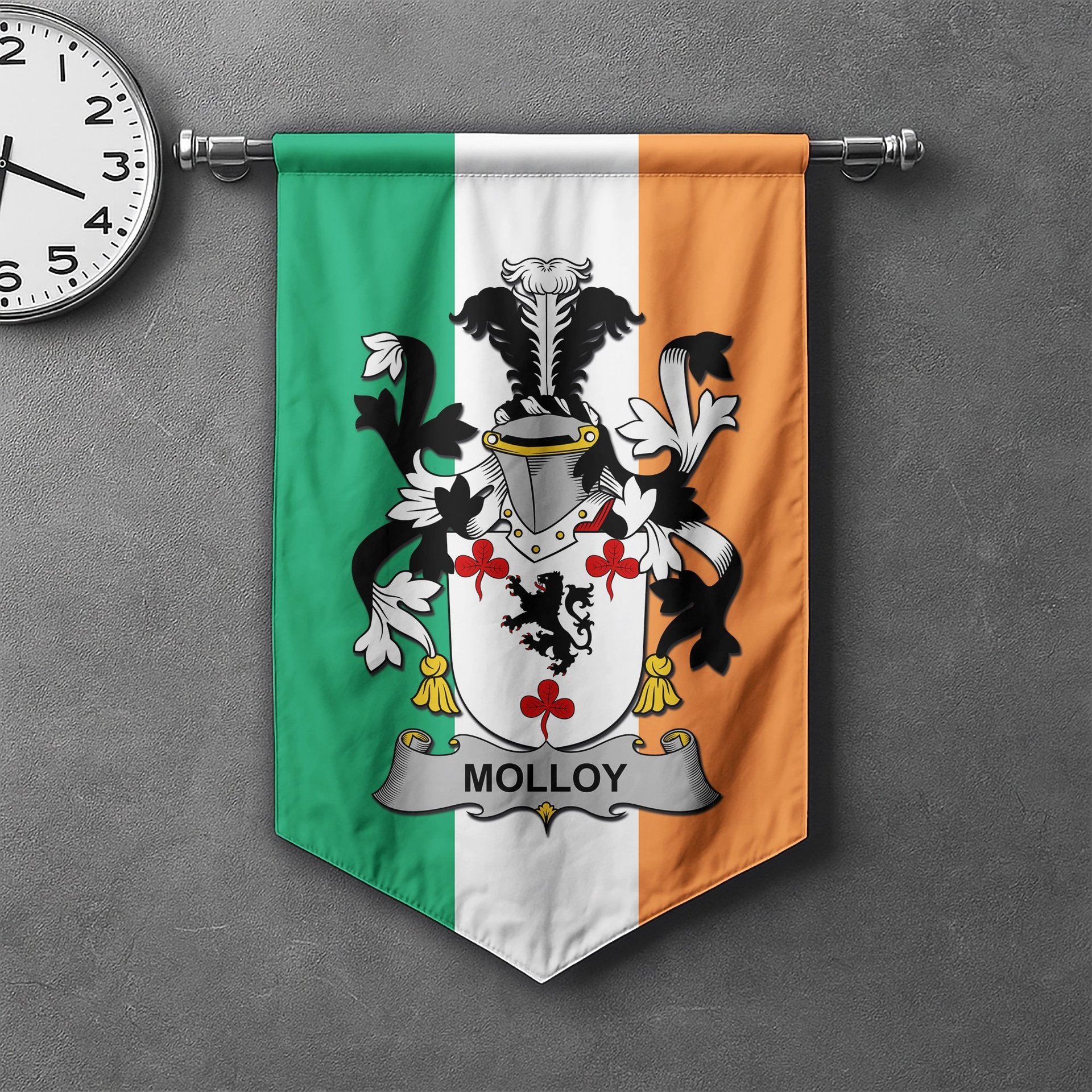 ScotsTee Shop Irish Molloy or O'Mulloy Clan Coat of Arms Irish Tartan Gonfalon Flag