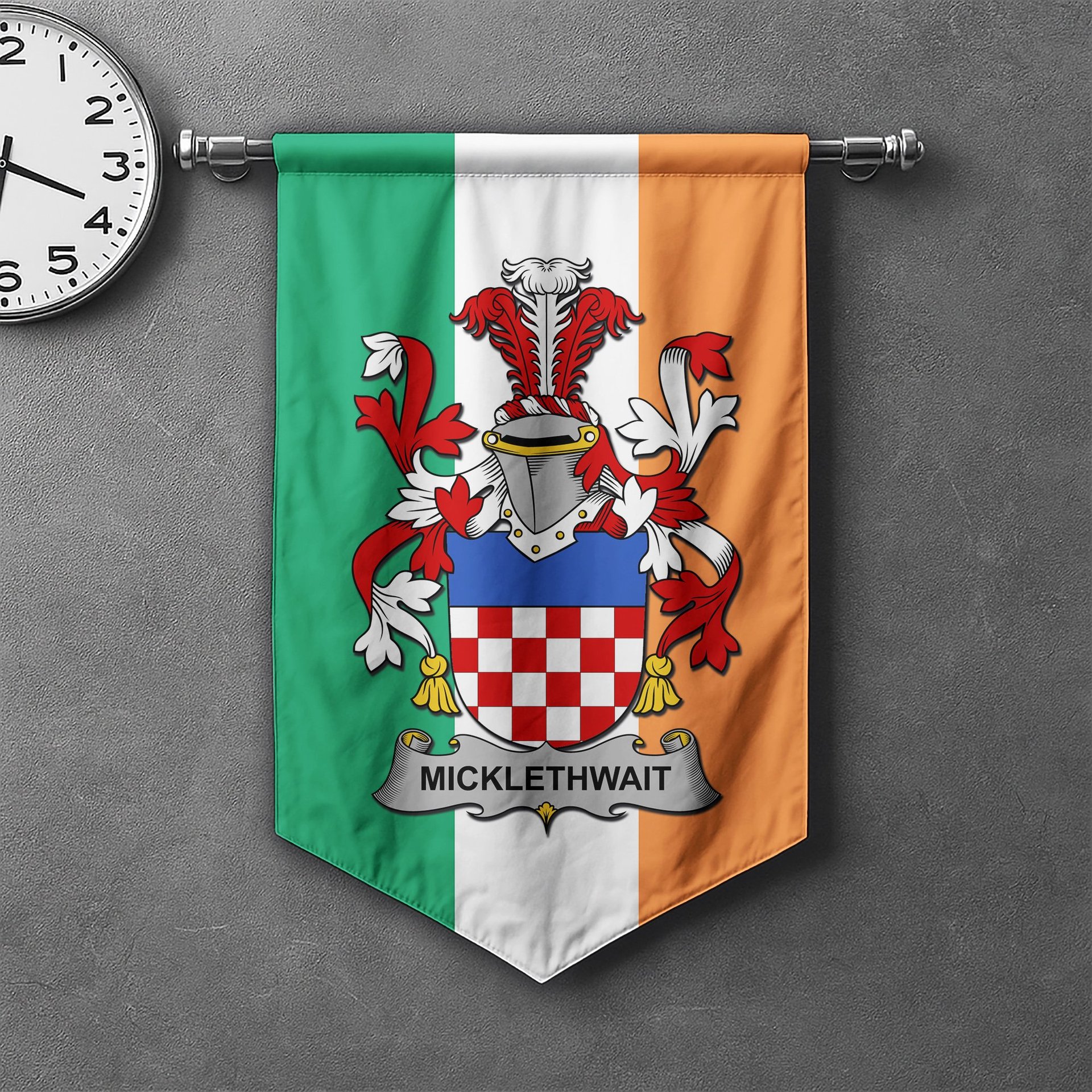ScotsTee Shop Irish Micklethwait Clan Coat of Arms Irish Tartan Gonfalon Flag