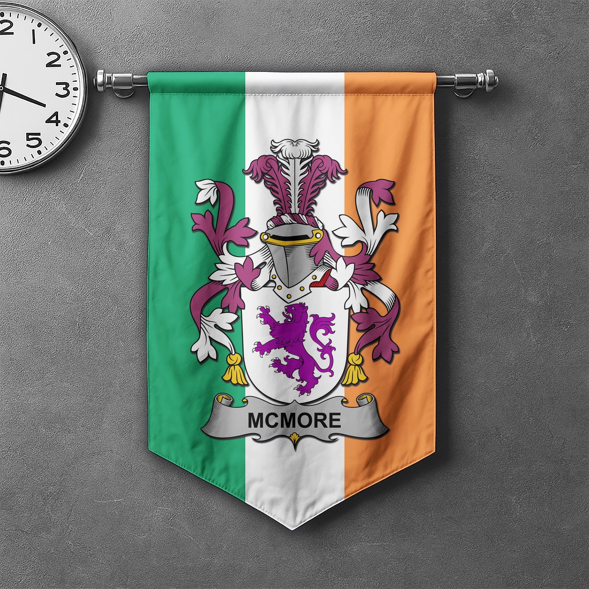 ScotsTee Shop Irish McMore or More Clan Coat of Arms Irish Tartan Gonfalon Flag