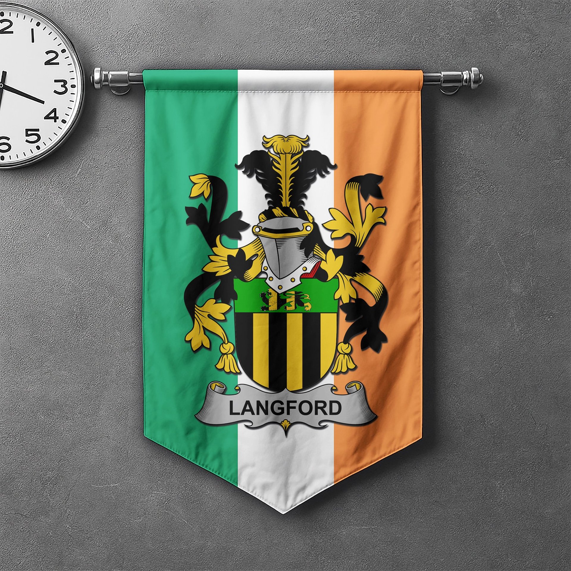 ScotsTee Shop Irish Langford Clan Coat of Arms Irish Tartan Gonfalon Flag