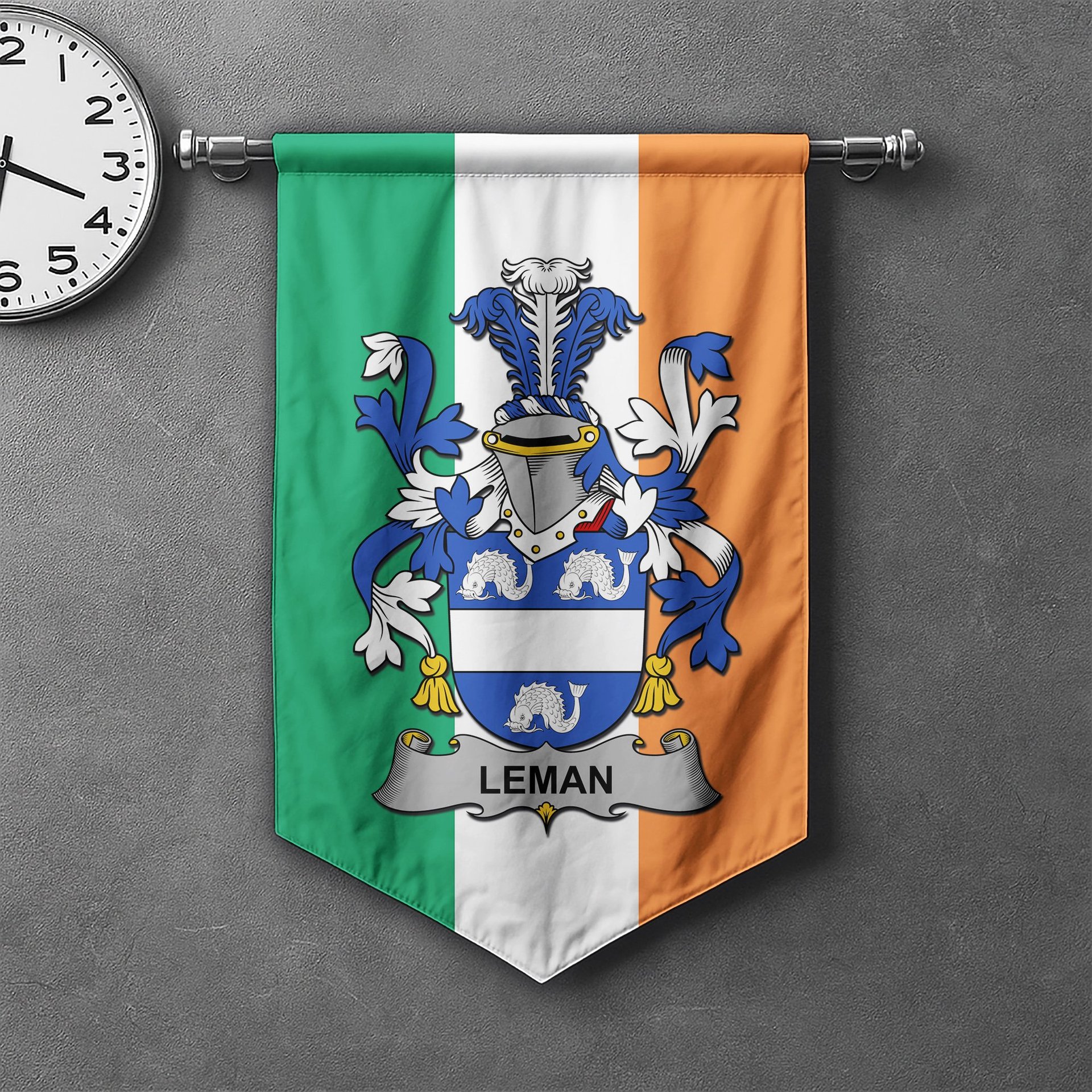 ScotsTee Shop Irish Leman or Lemon Clan Coat of Arms Irish Tartan Gonfalon Flag