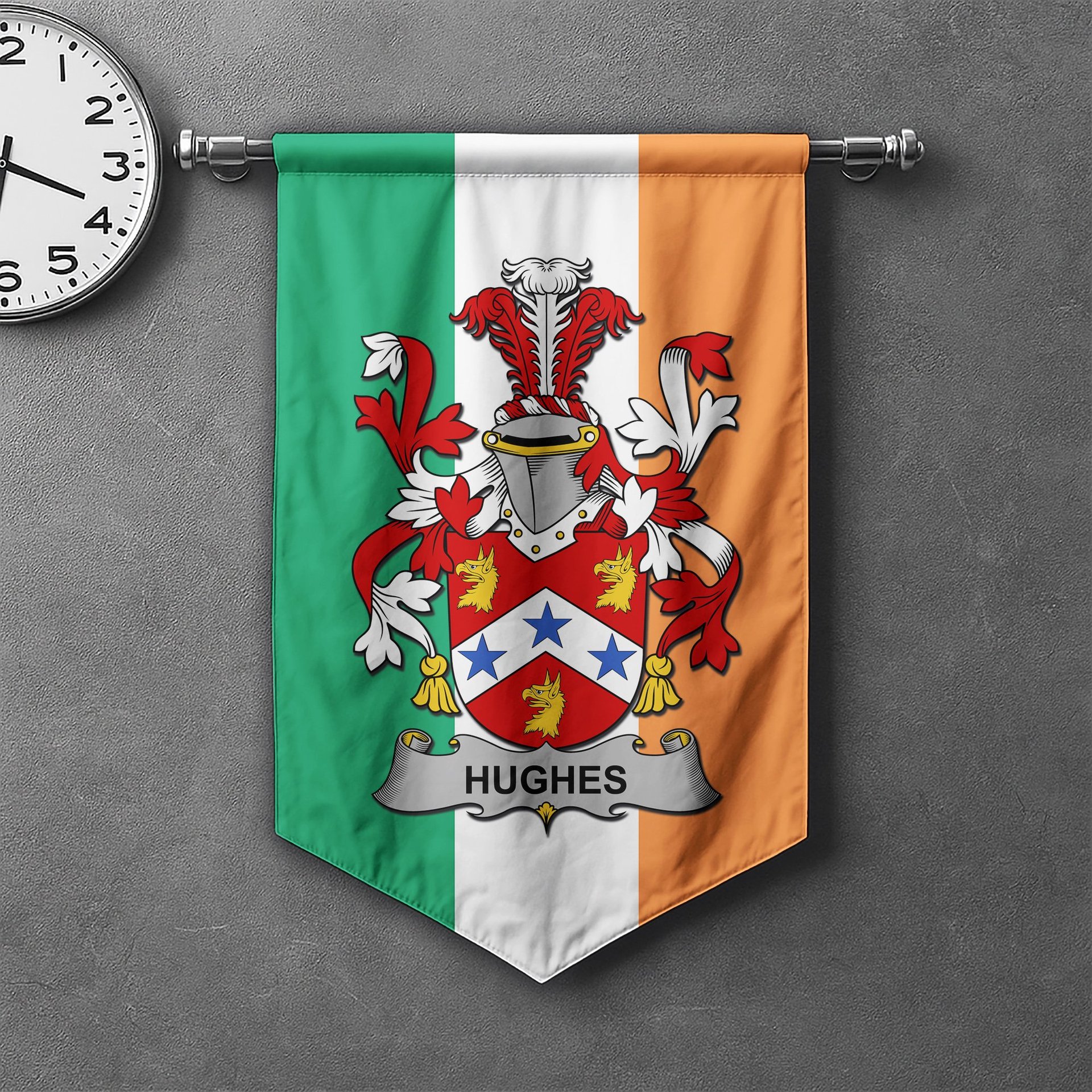 ScotsTee Shop Irish Hughes Clan Coat of Arms Irish Tartan Gonfalon Flag