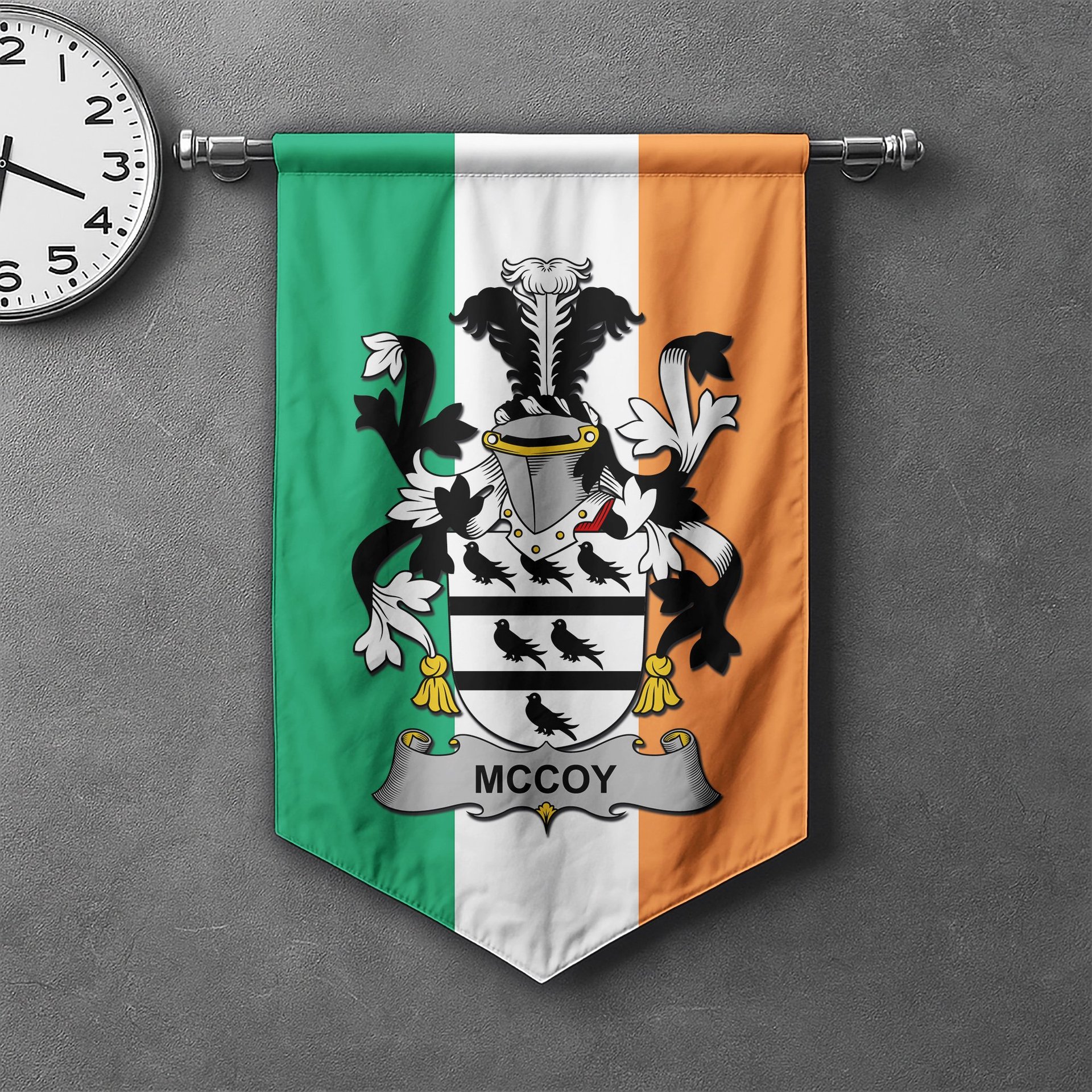 ScotsTee Shop Irish McCoy Clan Coat of Arms Irish Tartan Gonfalon Flag