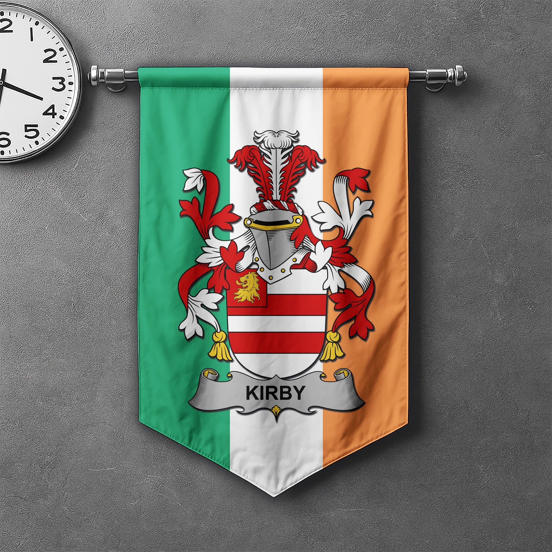 ScotsTee Shop Irish Kirby or O'Kirby Clan Coat of Arms Irish Tartan Gonfalon Flag