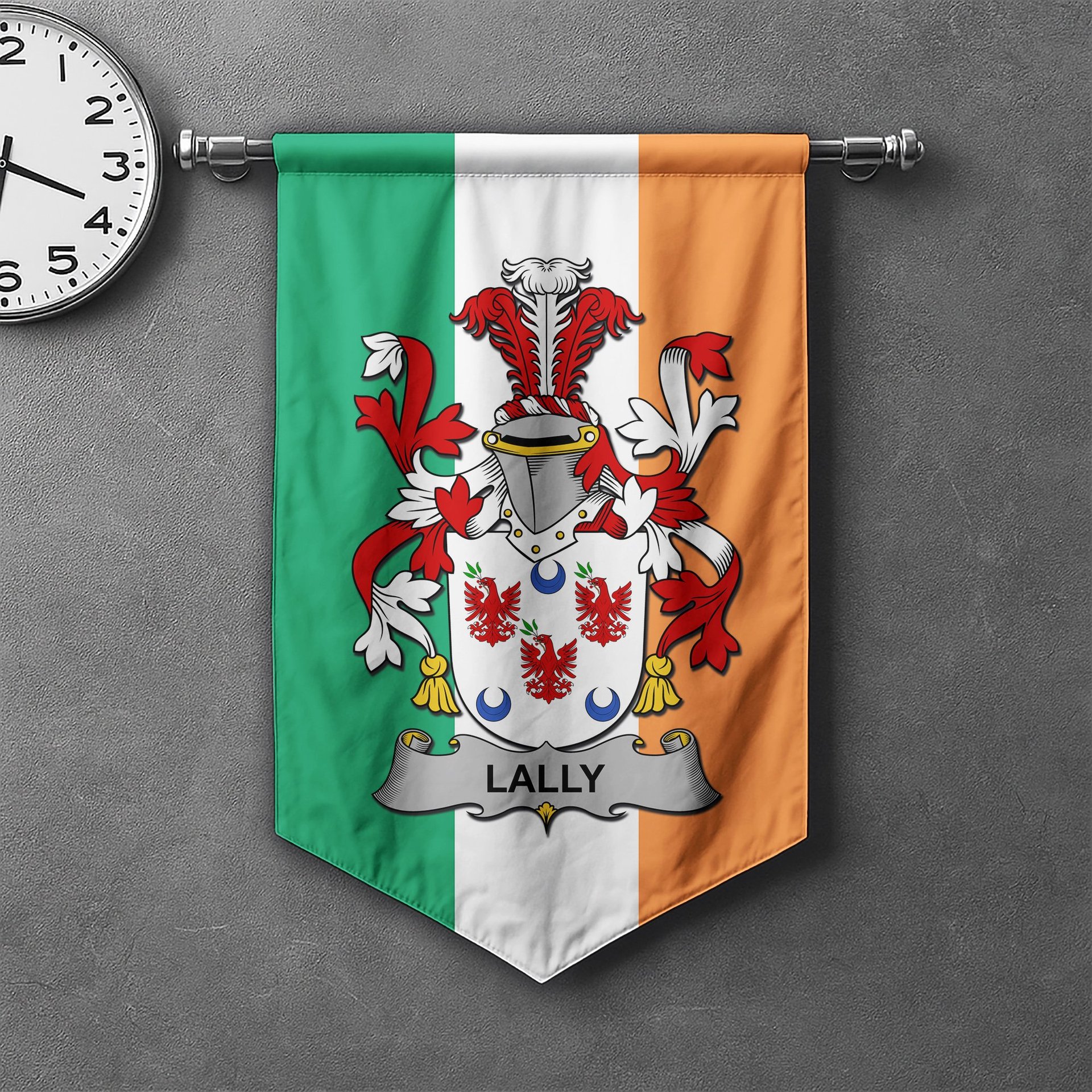 ScotsTee Shop Irish Lally or O'Mullally Clan Coat of Arms Irish Tartan Gonfalon Flag