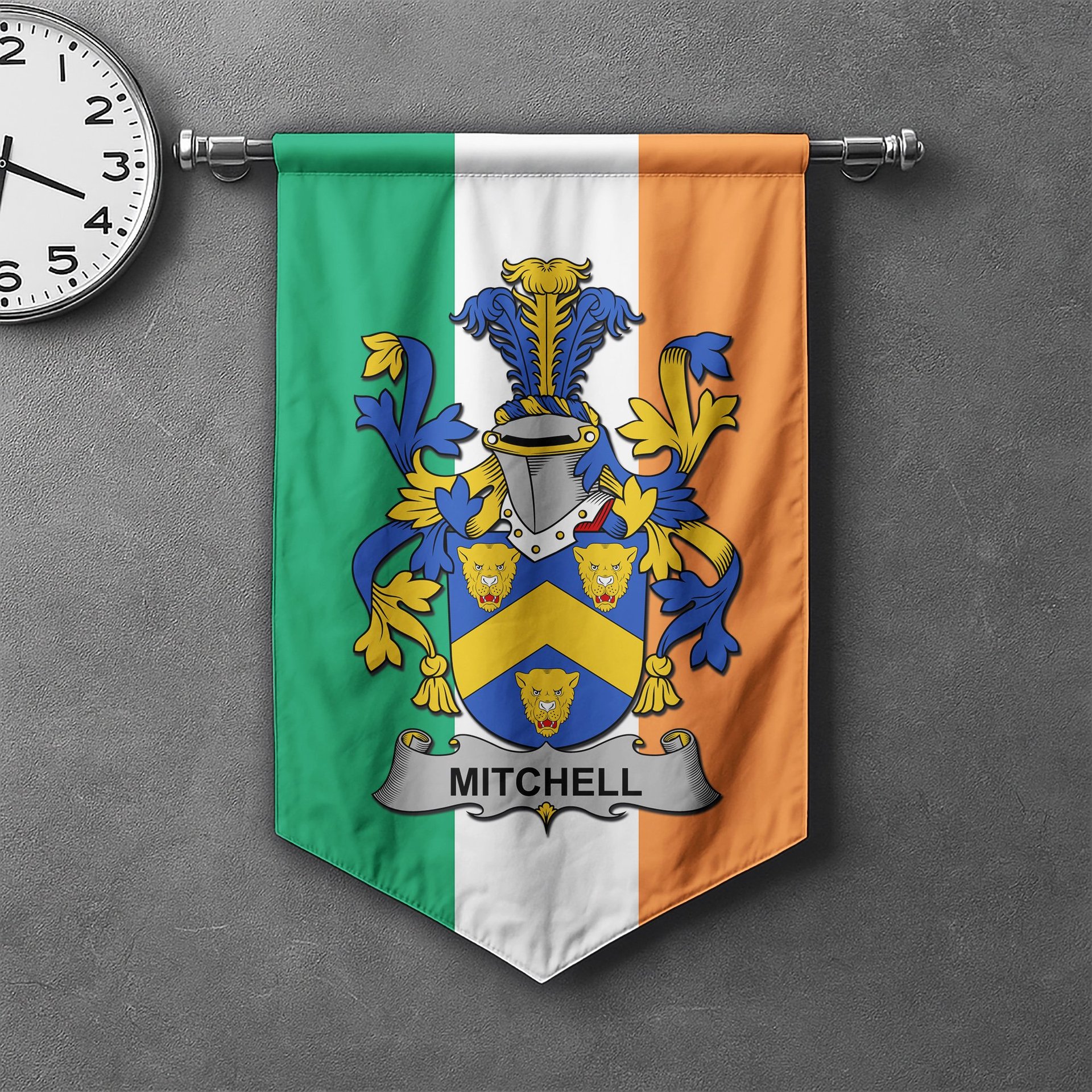 ScotsTee Shop Irish Mitchell Clan Coat of Arms Irish Tartan Gonfalon Flag