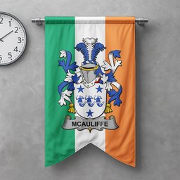 ScotsTee Shop Irish McAuliffe Clan Coat of Arms Irish Tartan Gonfalon Flag