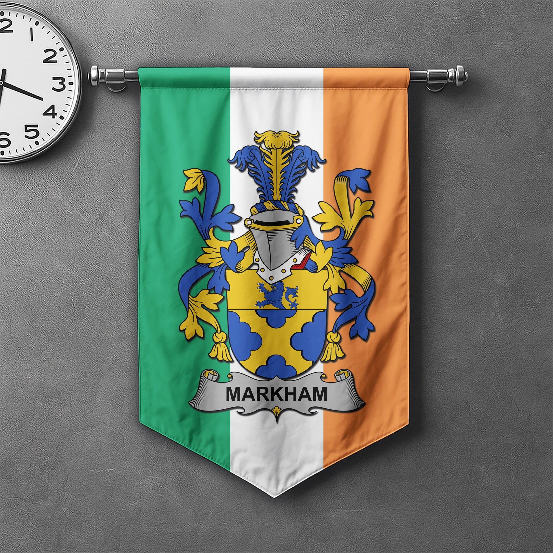 ScotsTee Shop Irish Markham Clan Coat of Arms Irish Tartan Gonfalon Flag