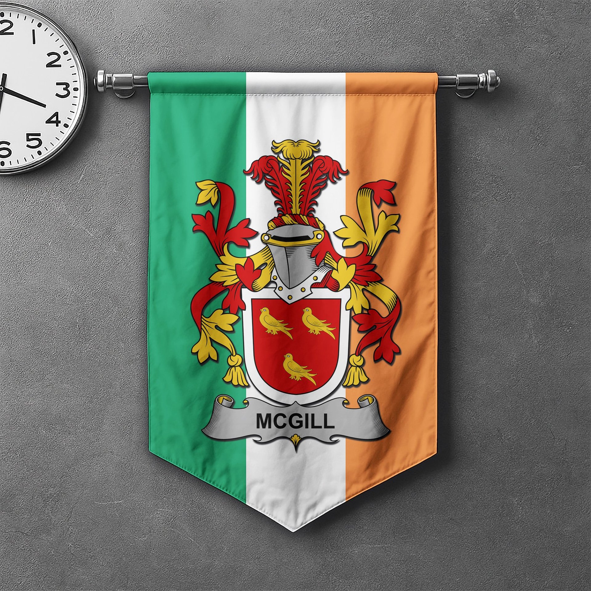 ScotsTee Shop Irish McGill Clan Coat of Arms Irish Tartan Gonfalon Flag