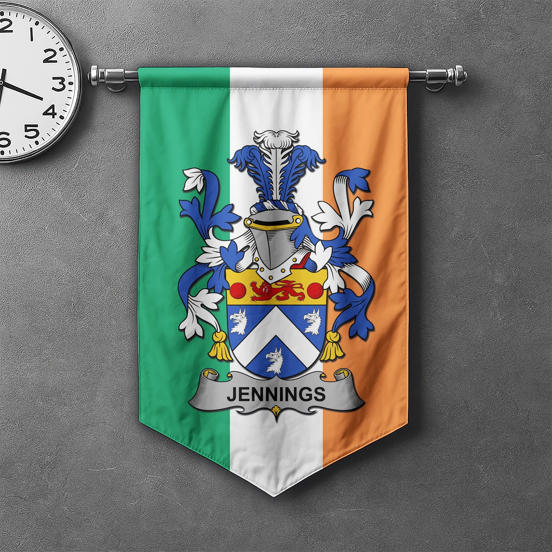 ScotsTee Shop Irish Jennings or Jennyns Clan Coat of Arms Irish Tartan Gonfalon Flag