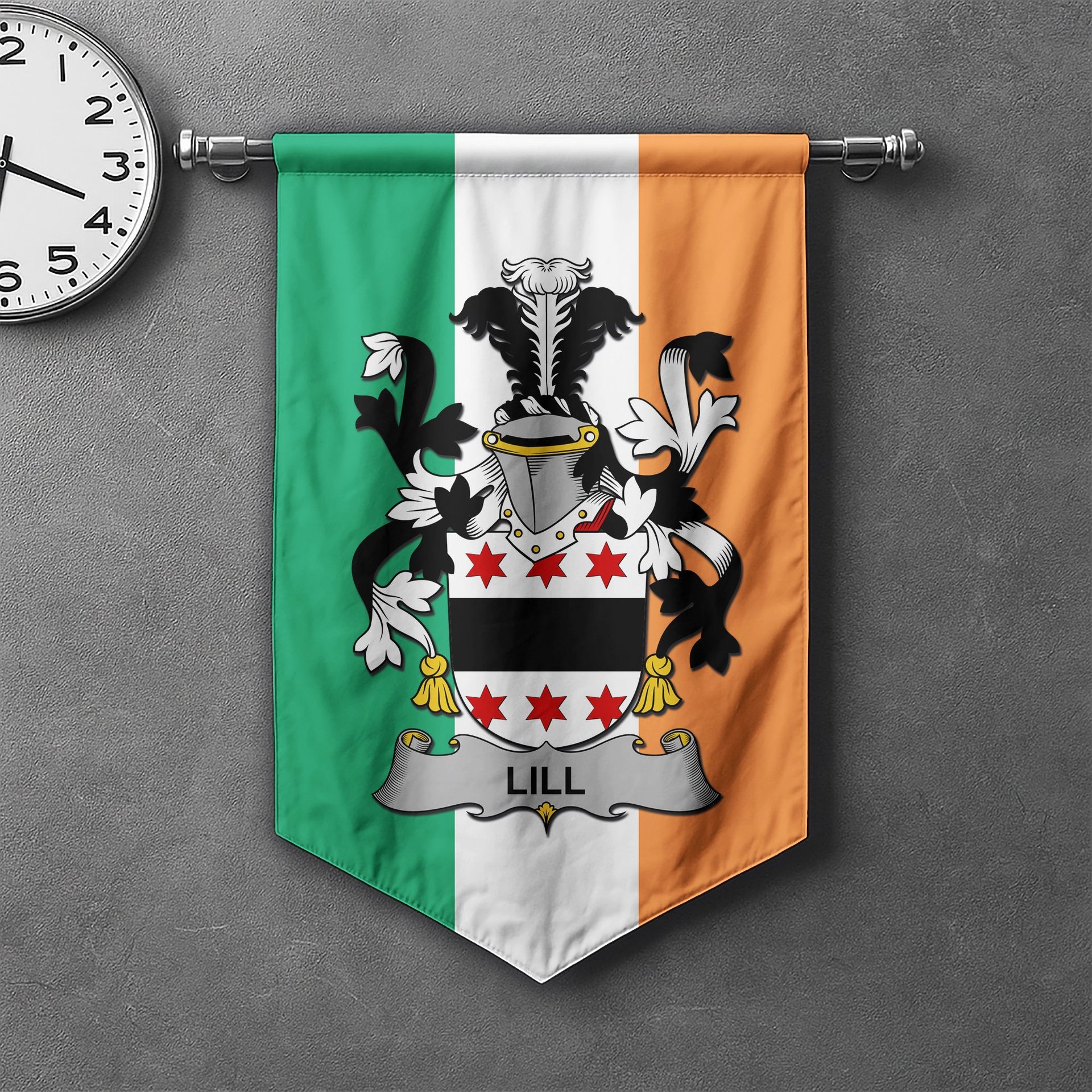 ScotsTee Shop Irish Lill Clan Coat of Arms Irish Tartan Gonfalon Flag