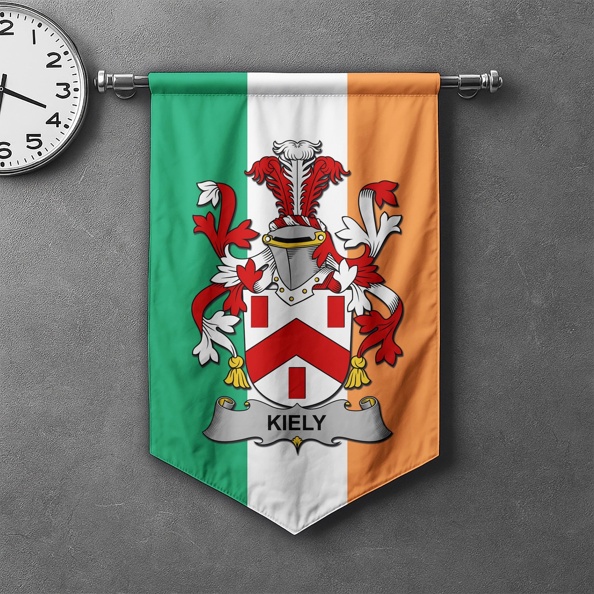 ScotsTee Shop Irish Kiely Clan Coat of Arms Irish Tartan Gonfalon Flag