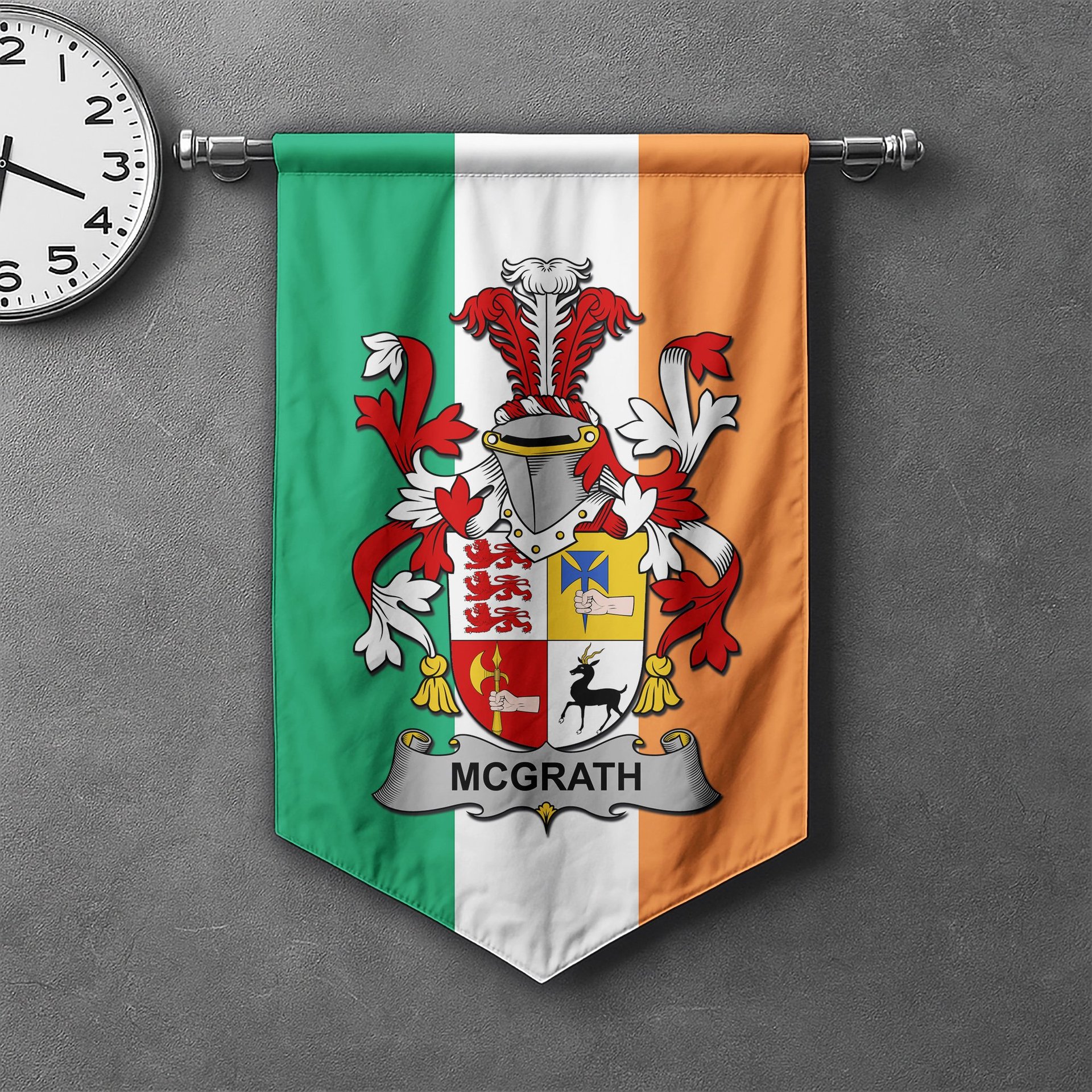 ScotsTee Shop Irish McGrath or McGraw Clan Coat of Arms Irish Tartan Gonfalon Flag