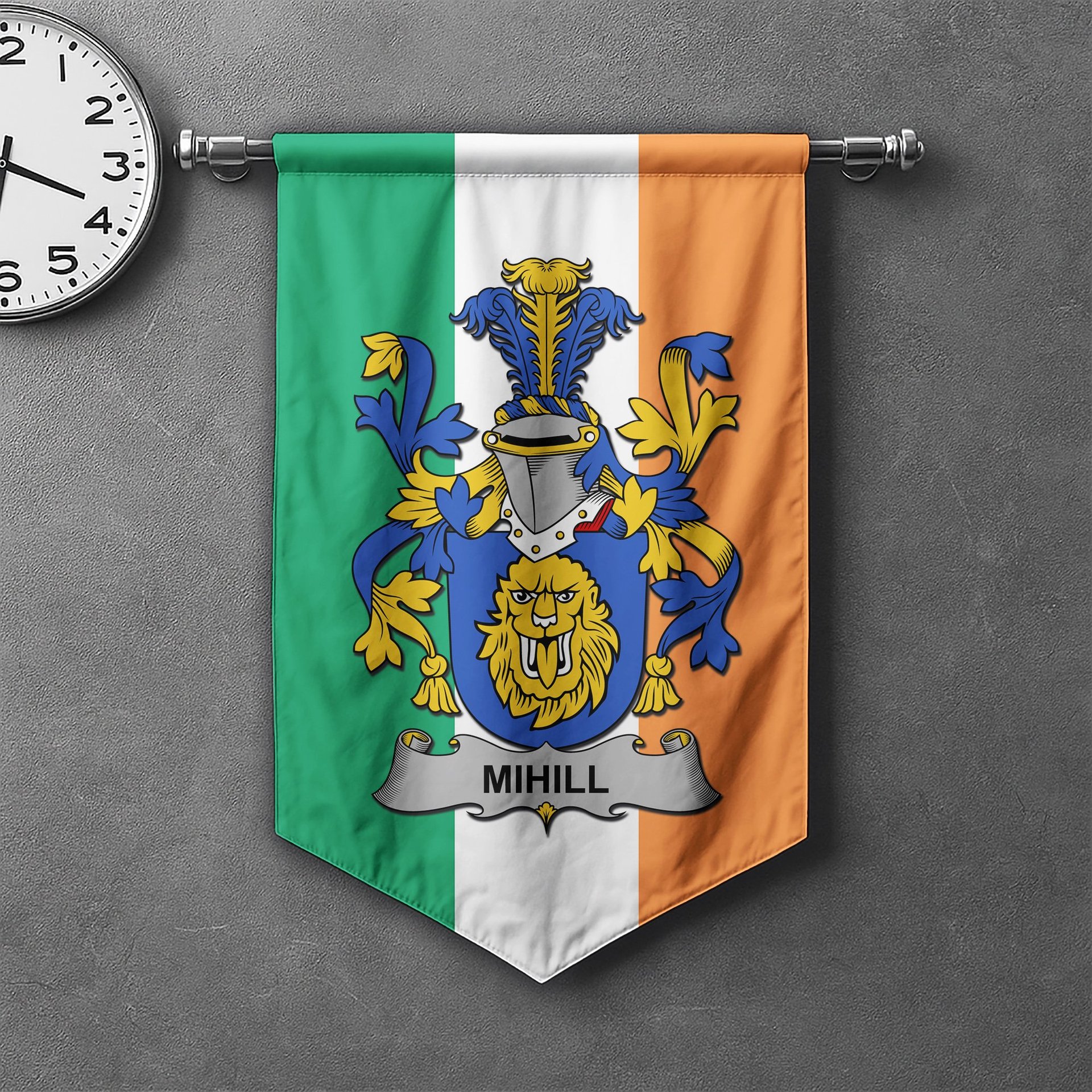 ScotsTee Shop Irish Mihill Clan Coat of Arms Irish Tartan Gonfalon Flag