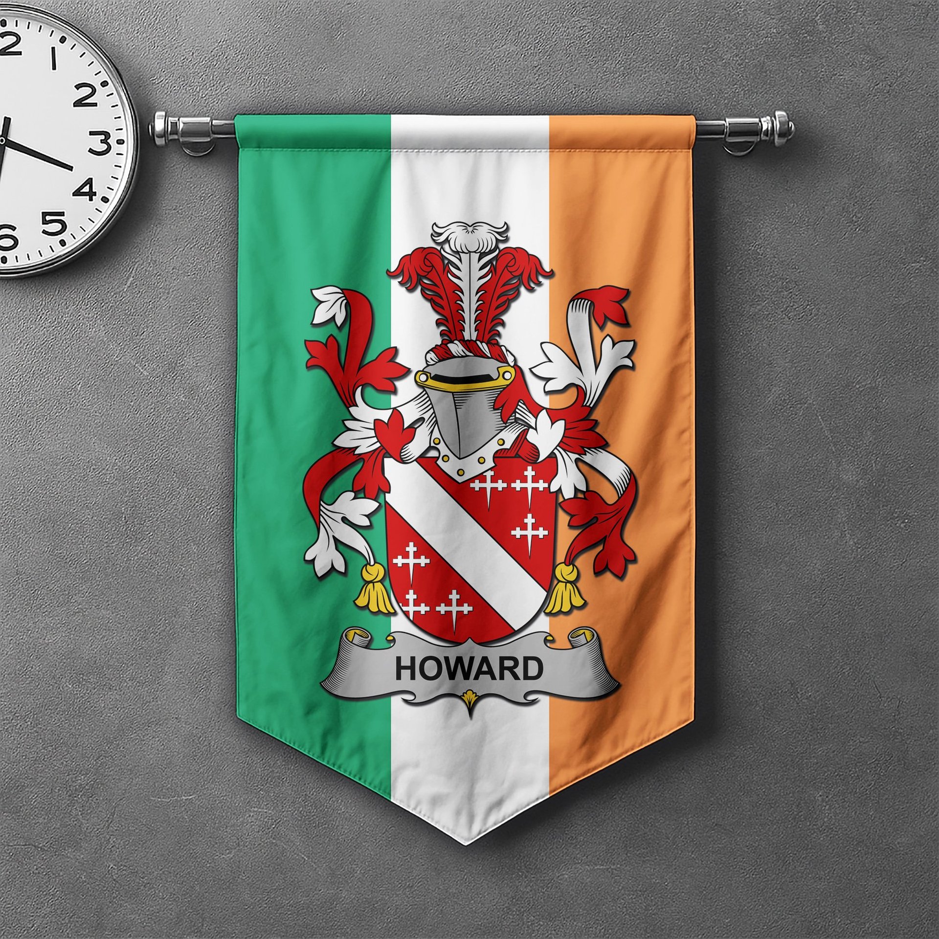 ScotsTee Shop Irish Howard Clan Coat of Arms Irish Tartan Gonfalon Flag