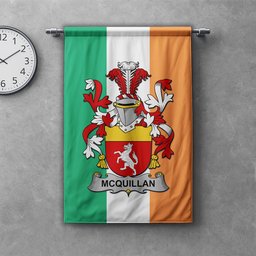 ScotsTee Shop Irish McQuillan Clan Coat of Arms Irish Tartan Gonfalon Flag