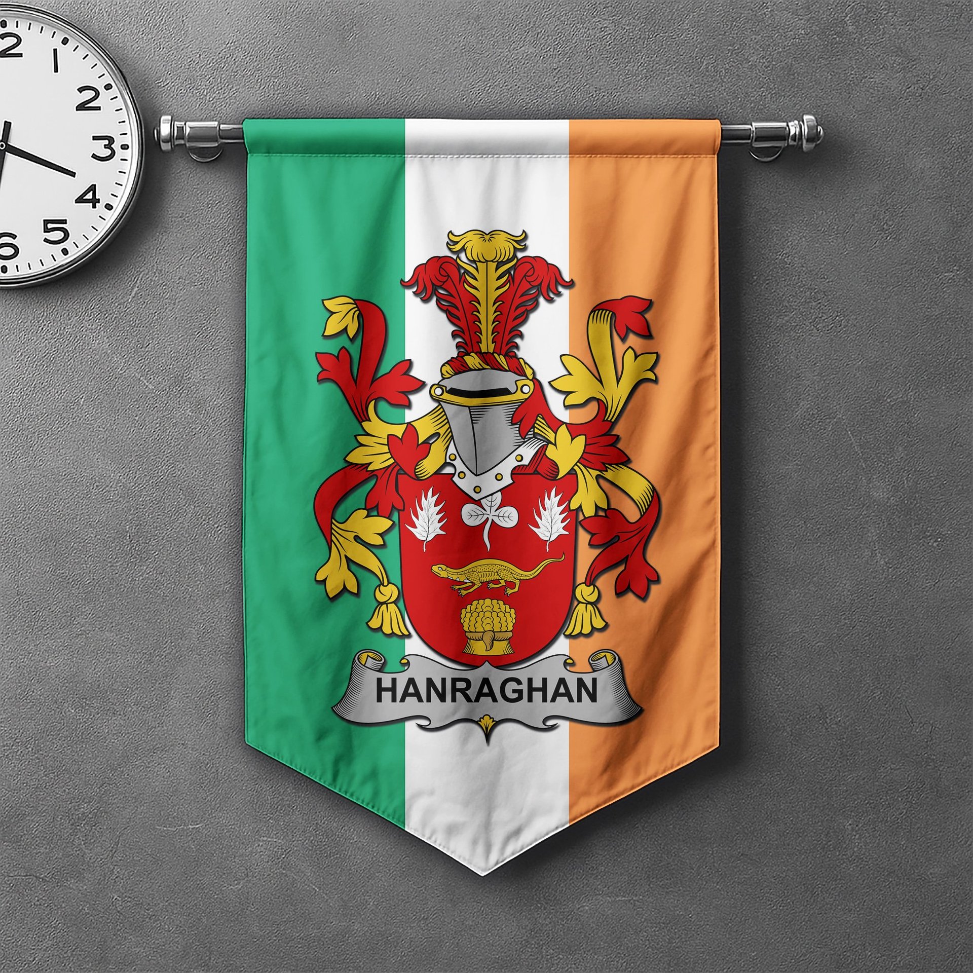 ScotsTee Shop Irish Hanraghan or O'Hanraghan Clan Coat of Arms Irish Tartan Gonfalon Flag