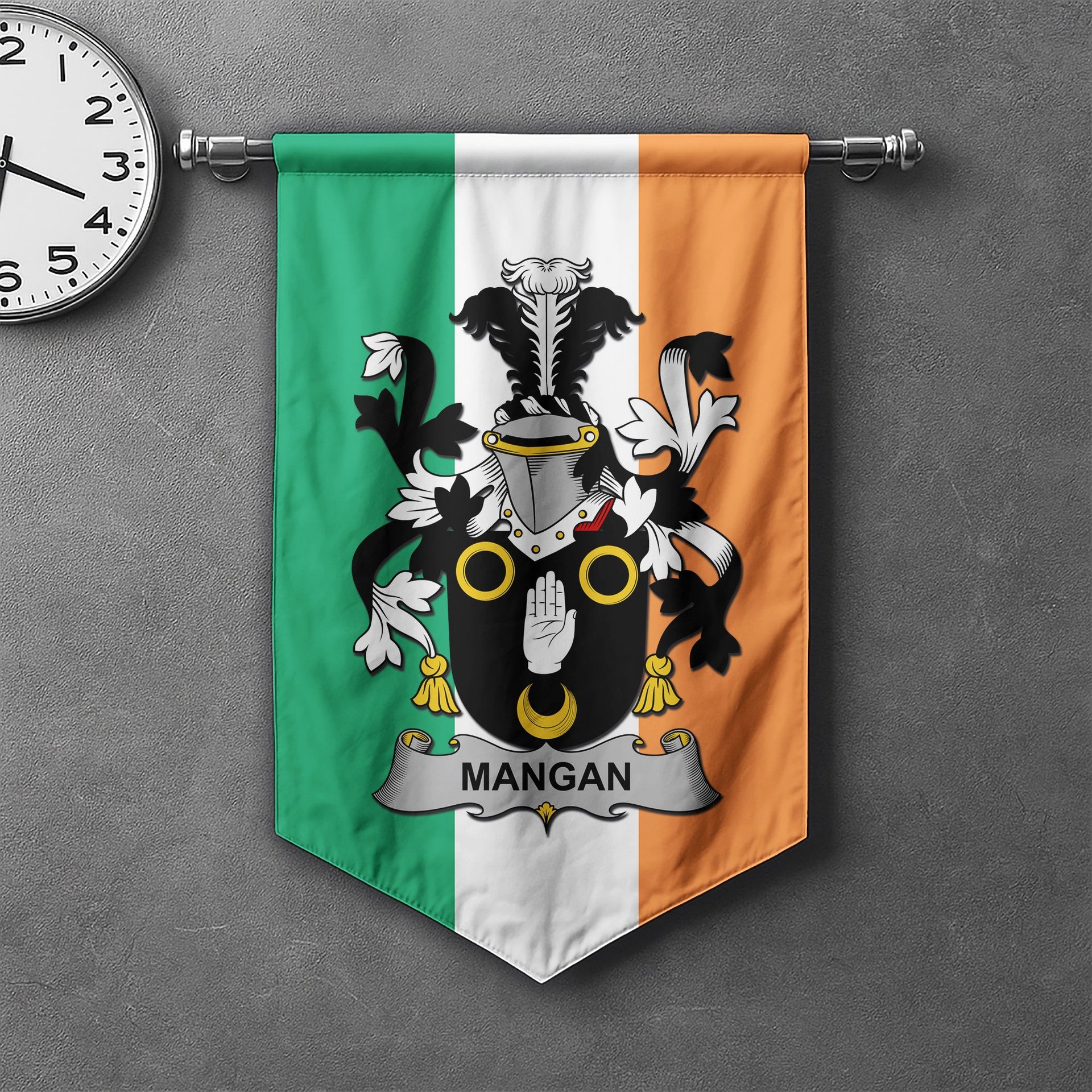 ScotsTee Shop Irish Mangan or O'Mangan Clan Coat of Arms Irish Tartan Gonfalon Flag
