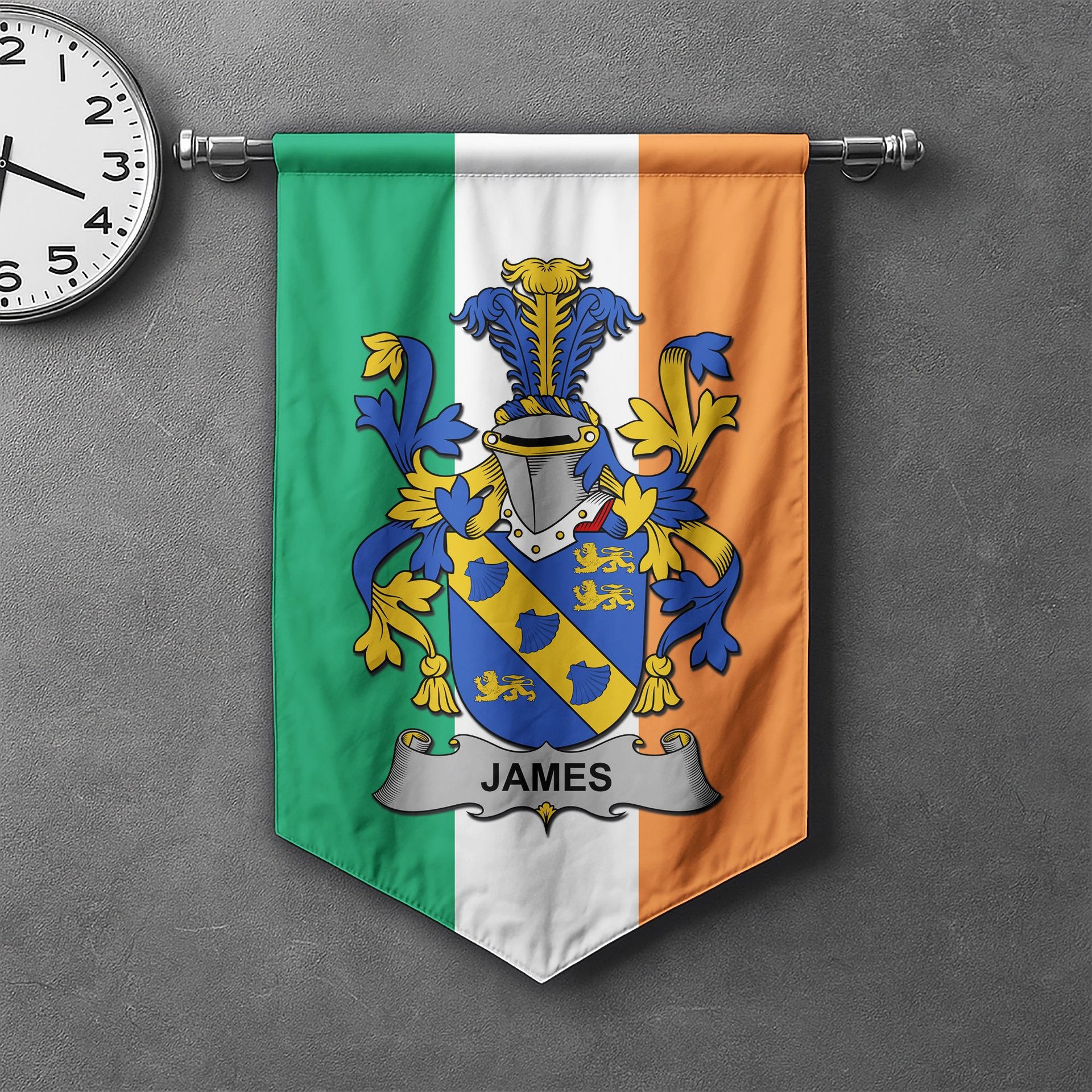 ScotsTee Shop Irish James Clan Coat of Arms Irish Tartan Gonfalon Flag