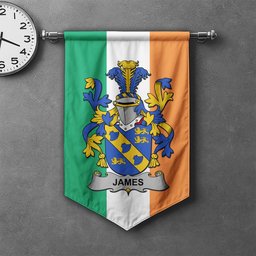 ScotsTee Shop Irish James Clan Coat of Arms Irish Tartan Gonfalon Flag