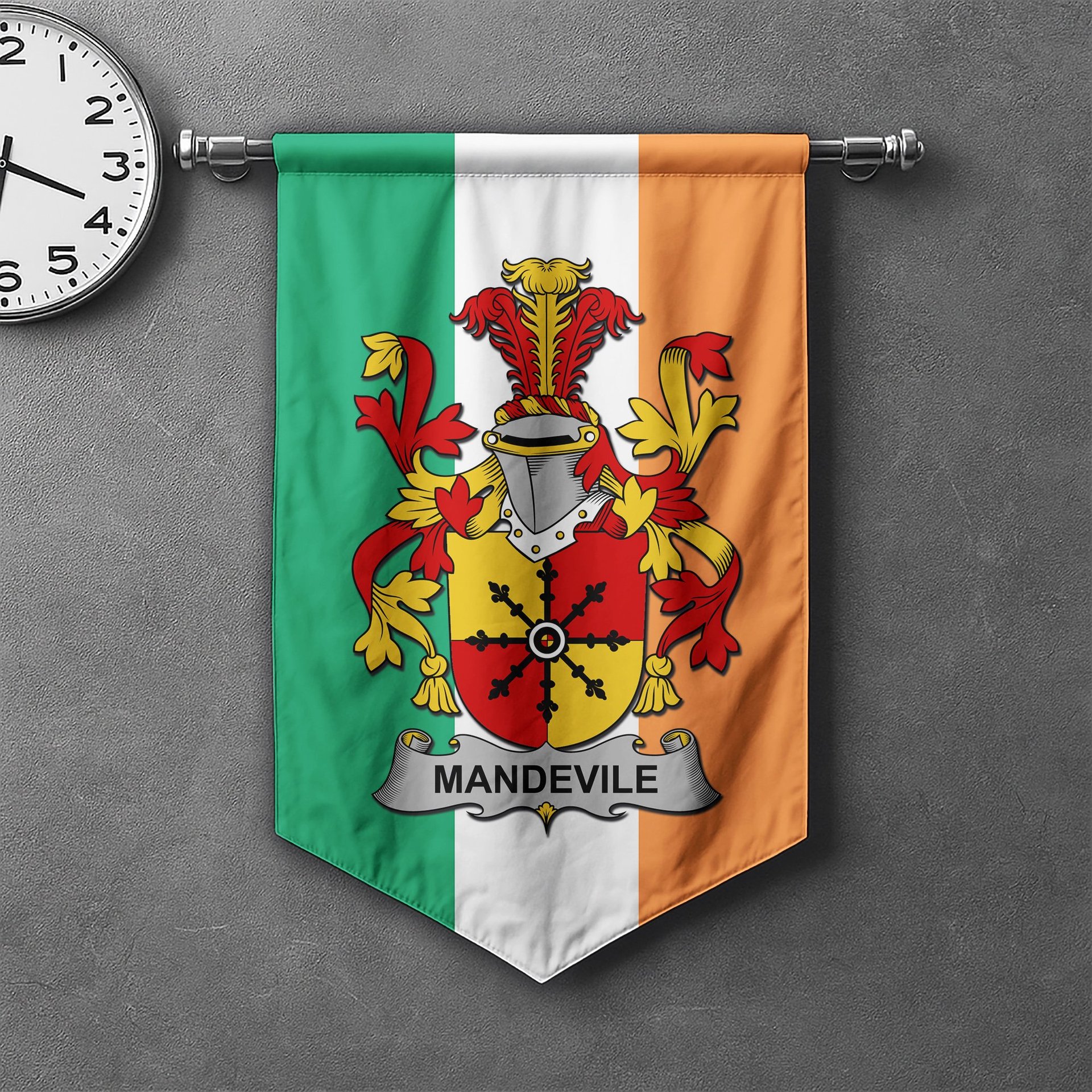 ScotsTee Shop Irish Mandevile Clan Coat of Arms Irish Tartan Gonfalon Flag