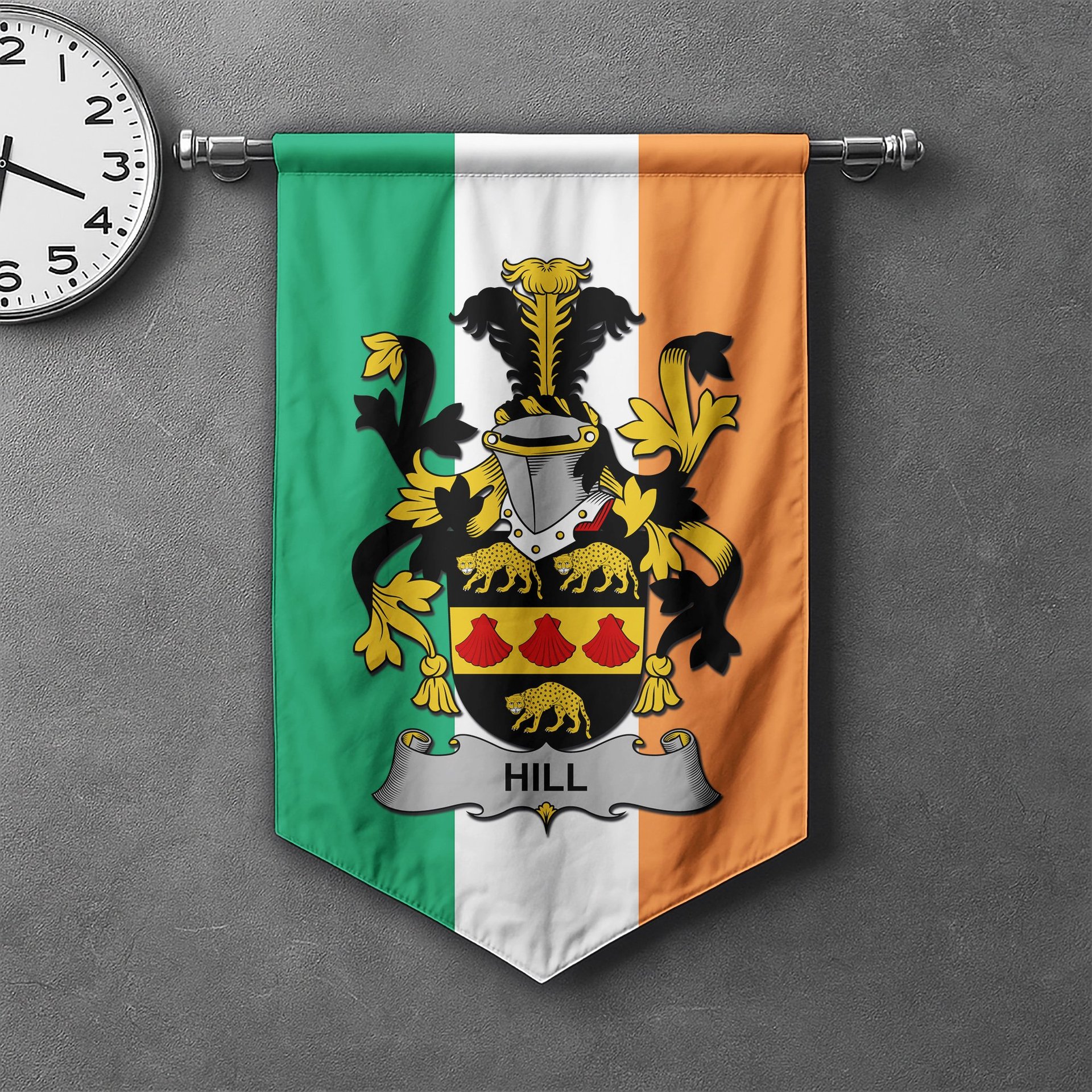 ScotsTee Shop Irish Hill Clan Coat of Arms Irish Tartan Gonfalon Flag