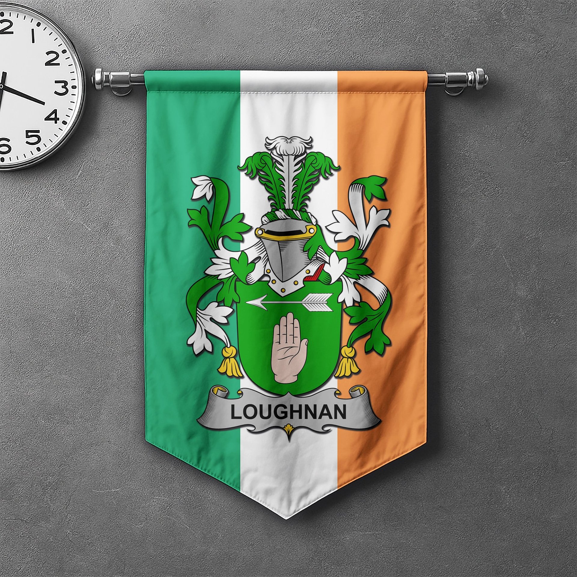 ScotsTee Shop Irish Loughnan or O'Loughnan Clan Coat of Arms Irish Tartan Gonfalon Flag