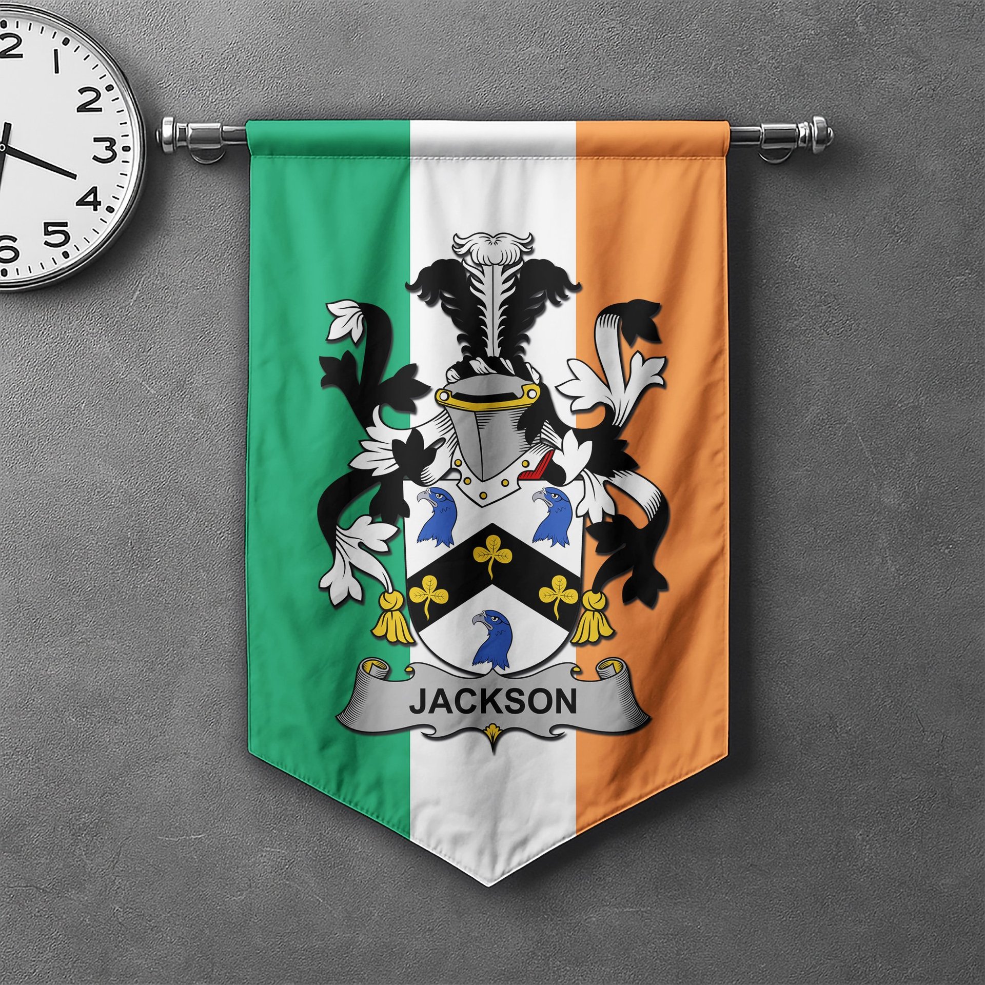 ScotsTee Shop Irish Jackson Clan Coat of Arms Irish Tartan Gonfalon Flag