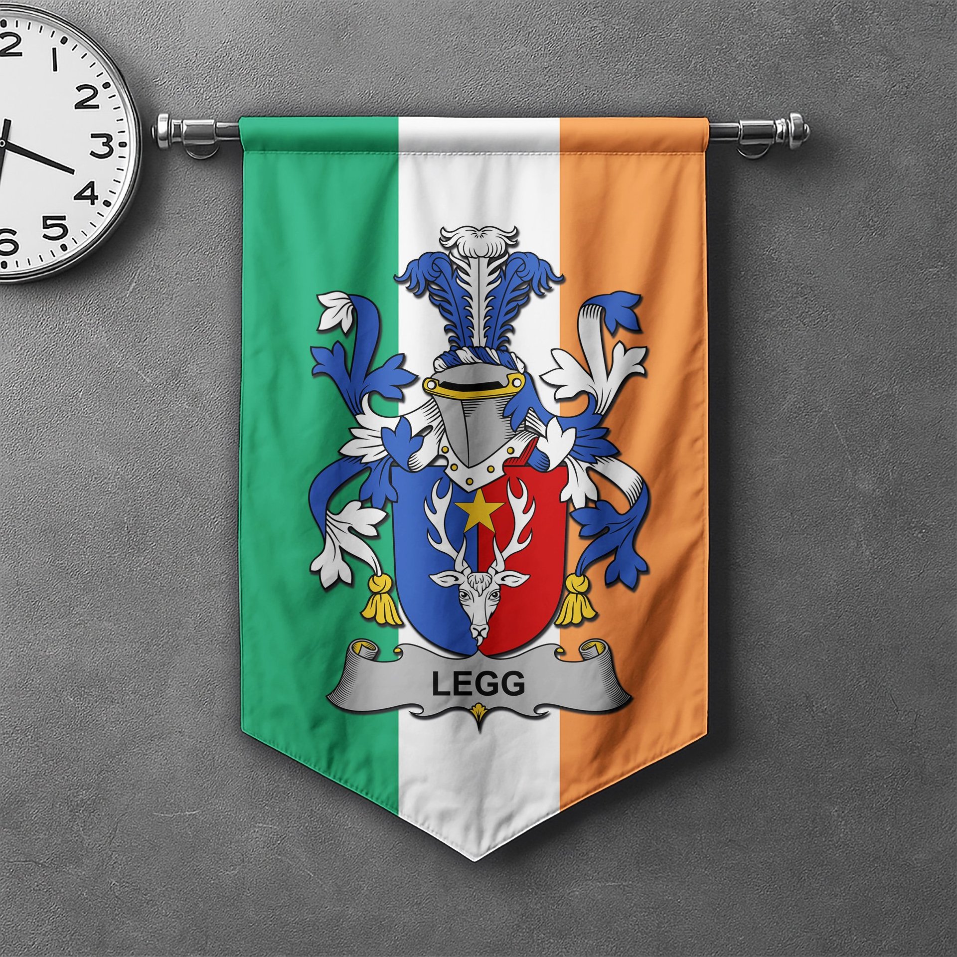 ScotsTee Shop Irish Legg or Legge Clan Coat of Arms Irish Tartan Gonfalon Flag