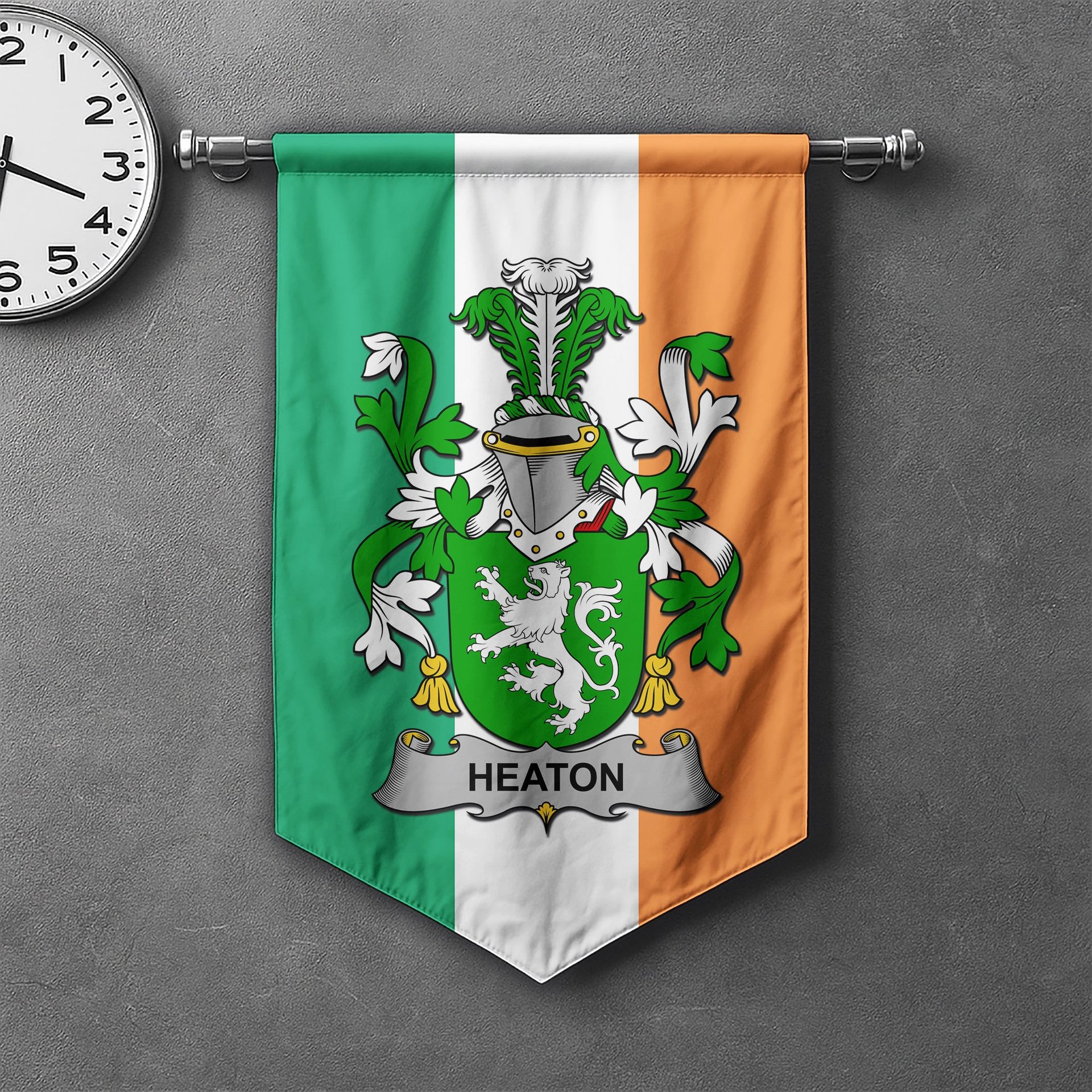 ScotsTee Shop Irish Heaton Clan Coat of Arms Irish Tartan Gonfalon Flag