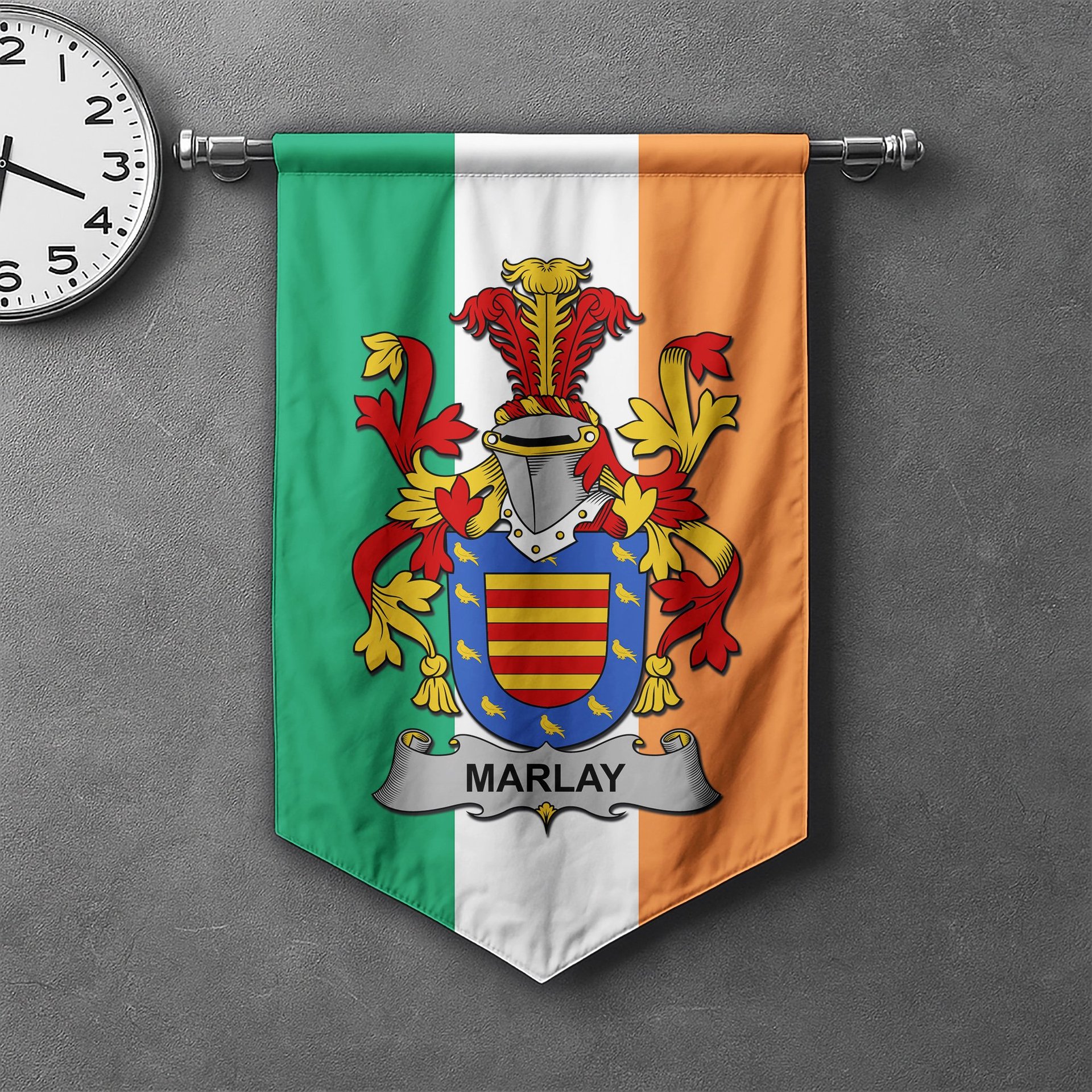 ScotsTee Shop Irish Marlay or O'Marley Clan Coat of Arms Irish Tartan Gonfalon Flag
