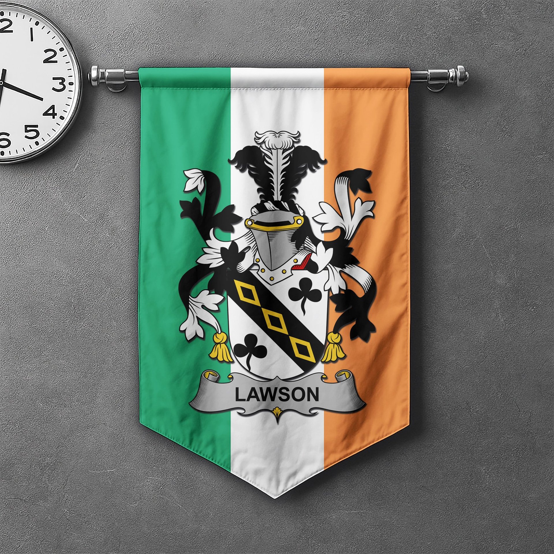 ScotsTee Shop Irish Lawson Clan Coat of Arms Irish Tartan Gonfalon Flag